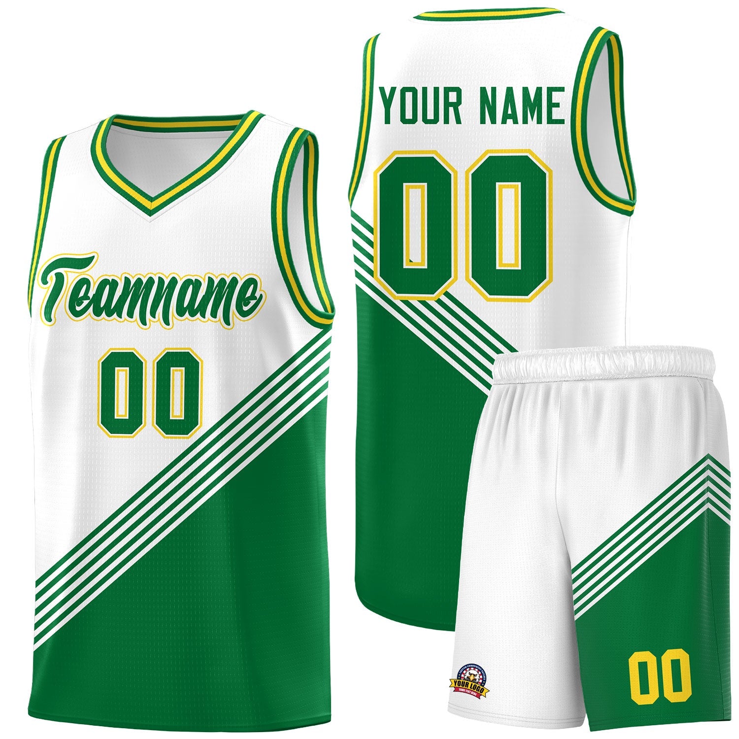 Custom White Kelly Green Gold Diagonal Stripes Color Block Sets Basketball Jersey | For Men,For Youth,Sublimation Printed,Perfect for Training,Perfect for Teams | KXKSHOP