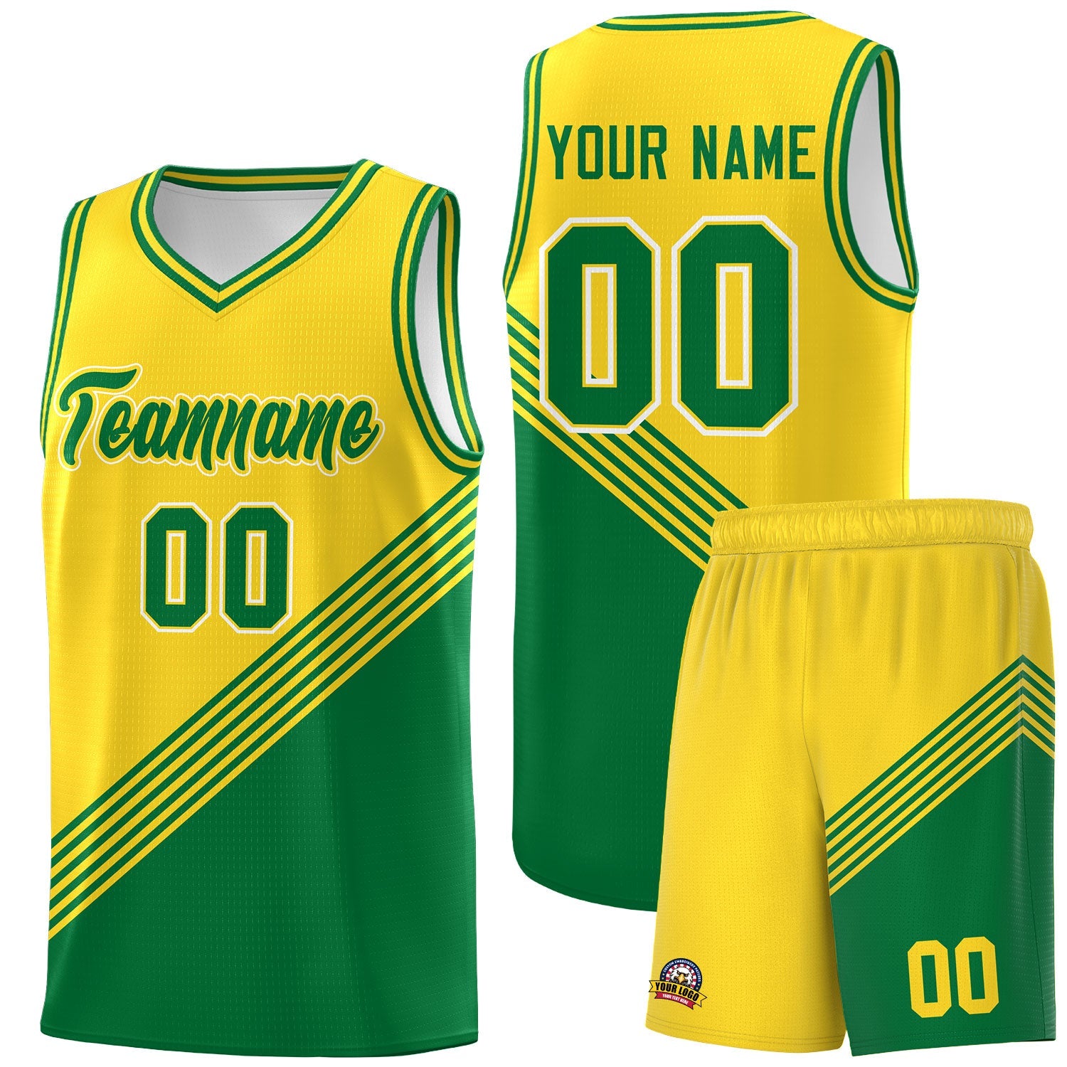 Custom Gold Kelly Green Diagonal Stripes Color Block Sets Basketball Jersey | For Men,For Youth,Sublimation Printed,Perfect for Training,Perfect for Teams | KXKSHOP