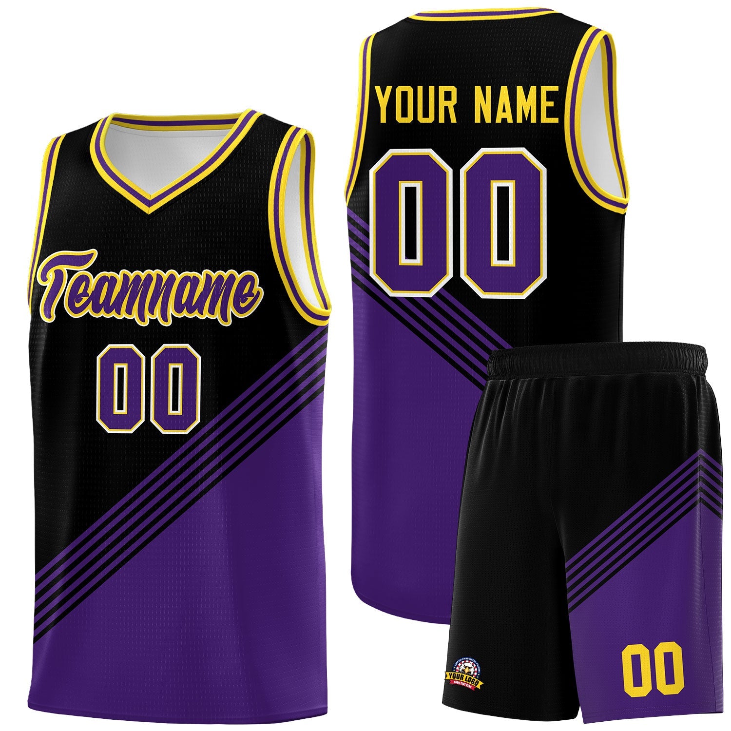 Custom Black Purple Gold Diagonal Stripes Color Block Sets Basketball Jersey | For Men,For Youth,Sublimation Printed,Perfect for Training,Perfect for Teams | KXKSHOP