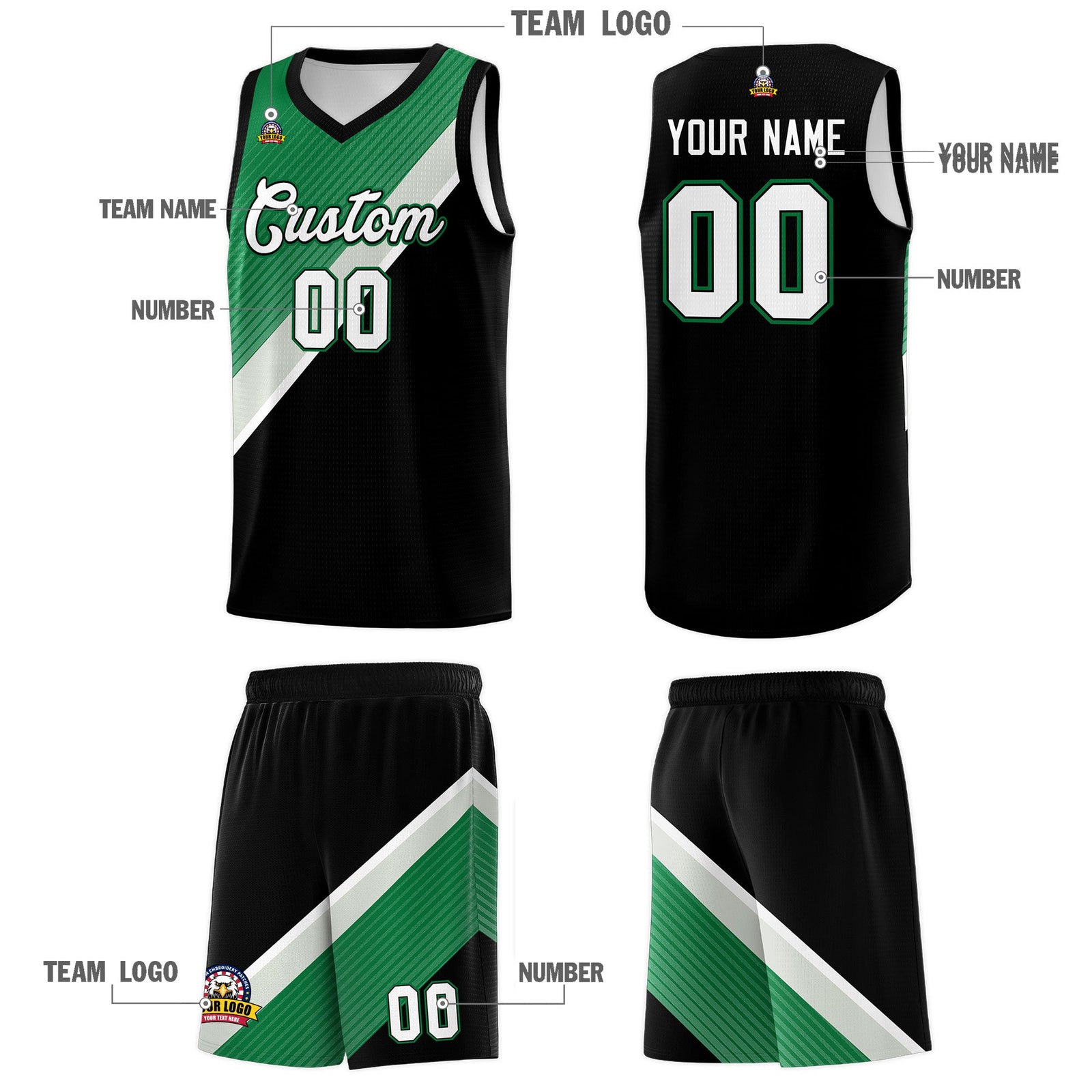 Custom Black Kelly Green Gray Diagonal Stripes Color Block Sets Basketball Jersey | For Men,Perfect for Teams,Perfect for Coaches,Sublimation Printed,For Kid,For Youth | KXKSHOP
