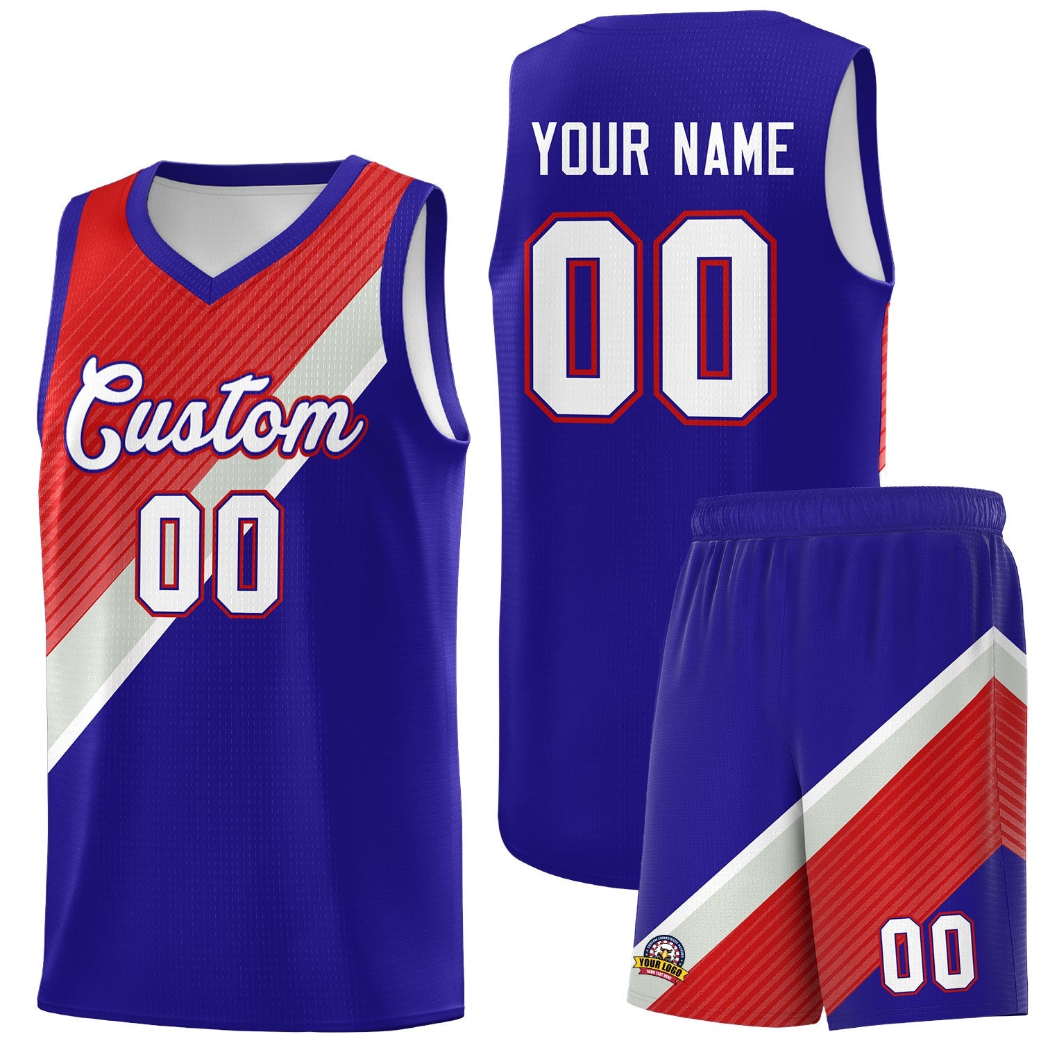 Custom Royal Red Gray Diagonal Stripes Color Block Sets Basketball Jersey | For Men,Perfect for Teams,Perfect for Coaches,Sublimation Printed,For Kid,For Youth | KXKSHOP