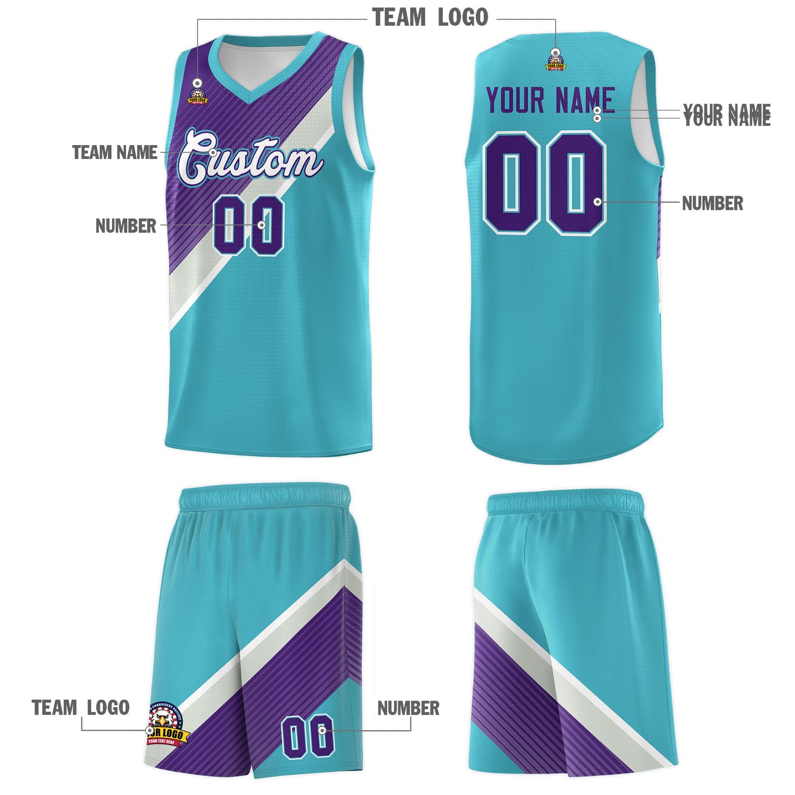 Custom Sky Blue Purple Gray Diagonal Stripes Color Block Sets Basketball Jersey | For Men,Perfect for Teams,Perfect for Coaches,Sublimation Printed,For Kid,For Youth | KXKSHOP