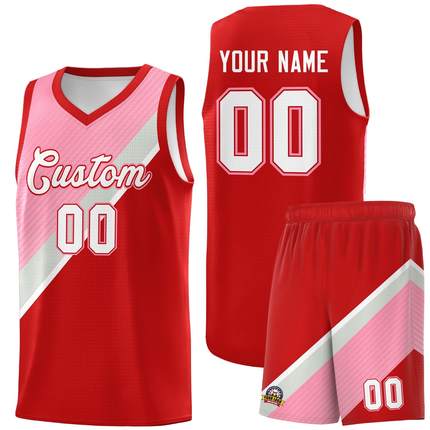 Custom Red Light Pink Gray Diagonal Stripes Color Block Sets Basketball Jersey | For Men,Perfect for Teams,Perfect for Coaches,Sublimation Printed,For Kid,For Youth | KXKSHOP