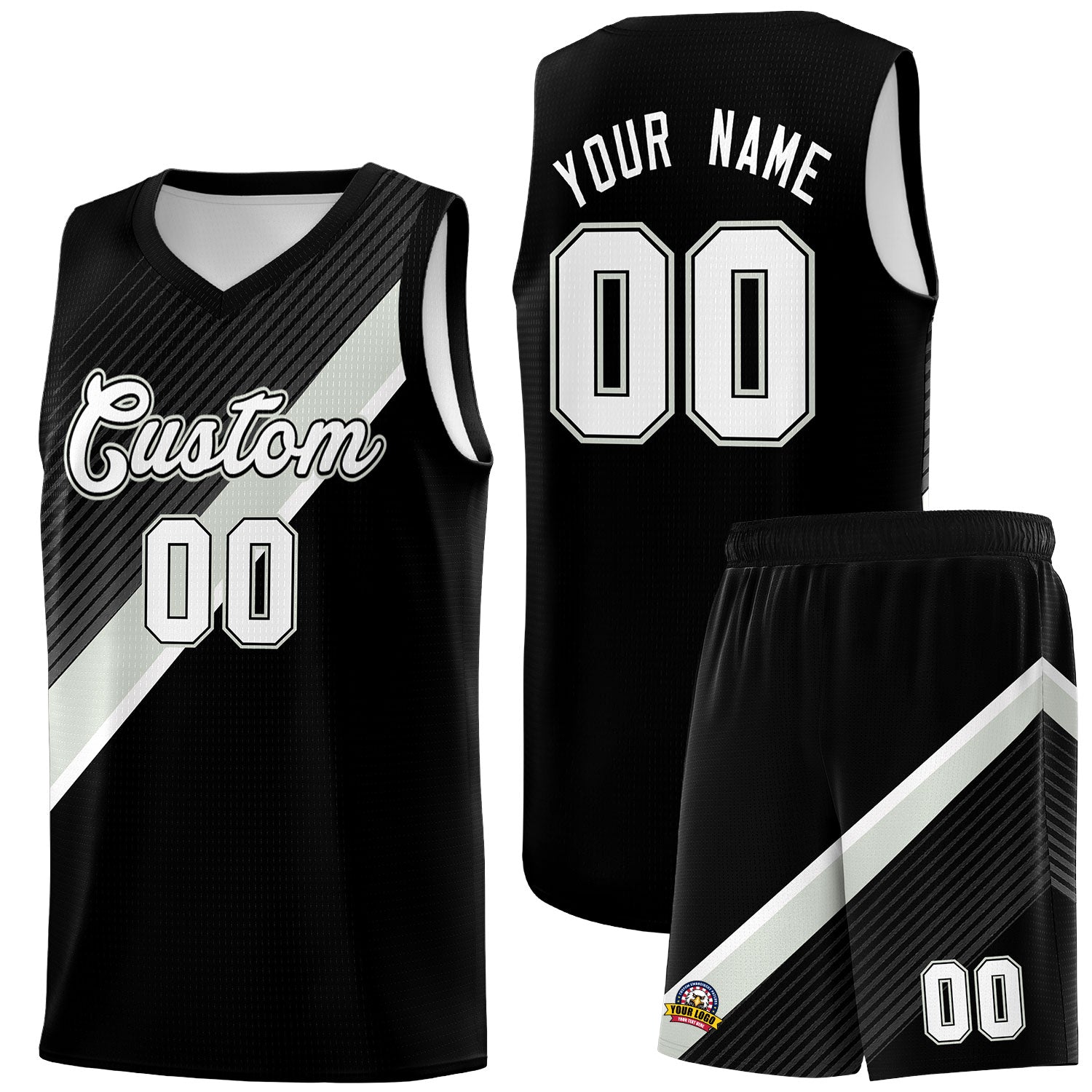 Custom Black Gray White Diagonal Stripes Color Block Sets Basketball Jersey | For Men,Perfect for Teams,Perfect for Coaches,Sublimation Printed,For Kid,For Youth | KXKSHOP