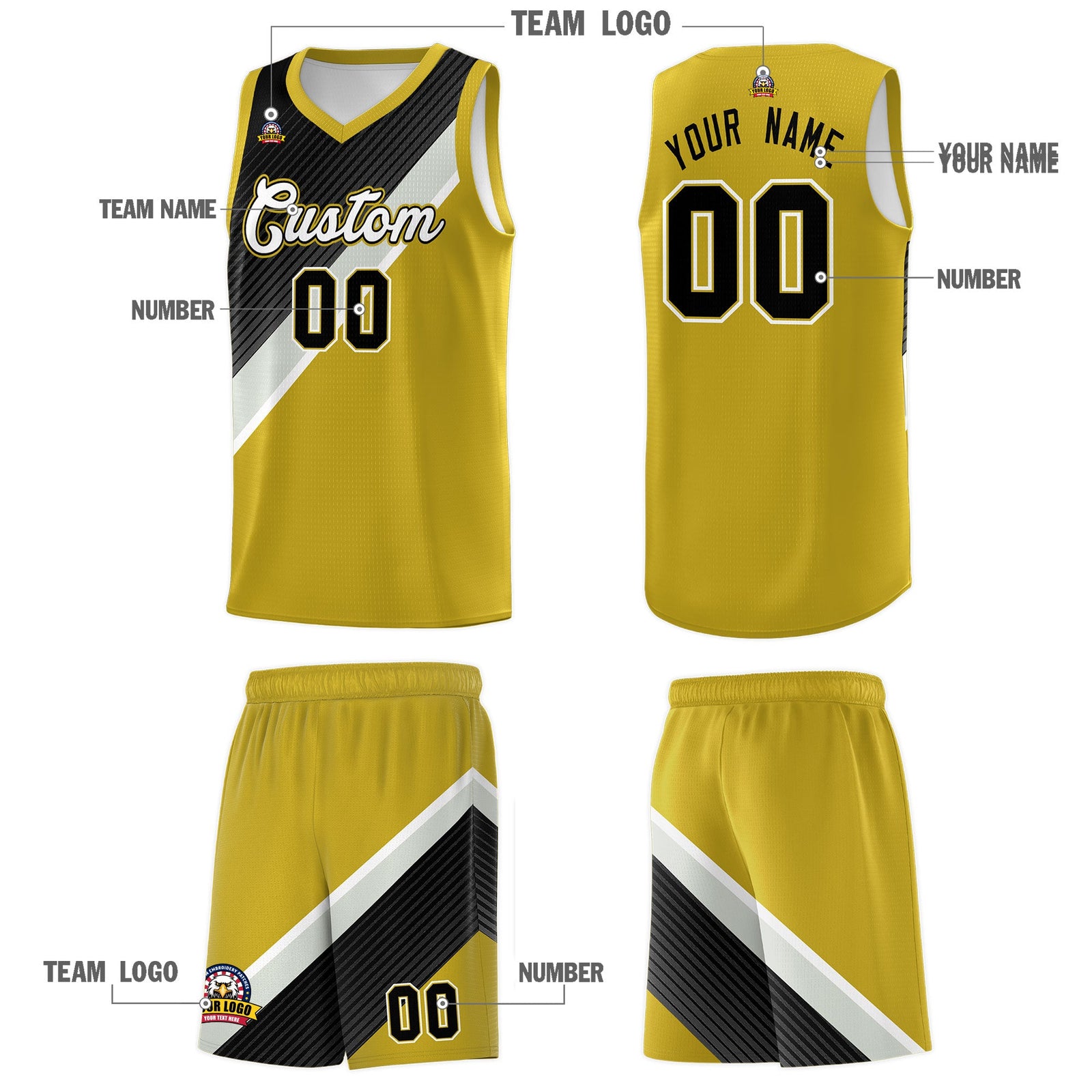 Custom Old Gold Black Gray Diagonal Stripes Color Block Sets Basketball Jersey | For Men,Perfect for Teams,Perfect for Coaches,Sublimation Printed,For Kid,For Youth | KXKSHOP