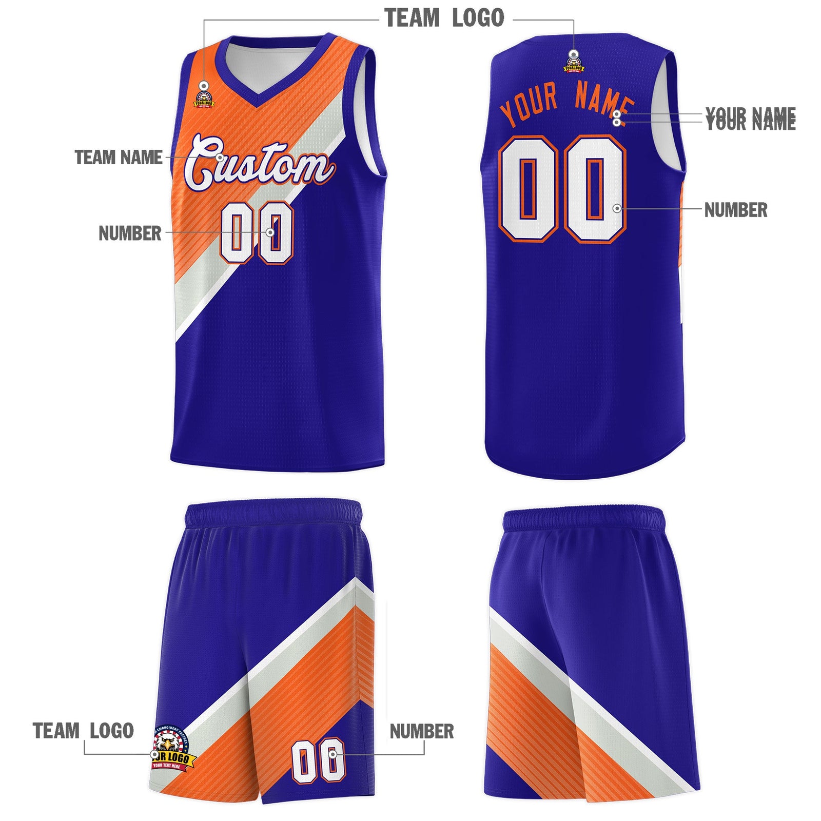 Custom Royal Orange Gray Diagonal Stripes Color Block Sets Basketball Jersey | For Men,Perfect for Teams,Perfect for Coaches,Sublimation Printed,For Kid,For Youth | KXKSHOP