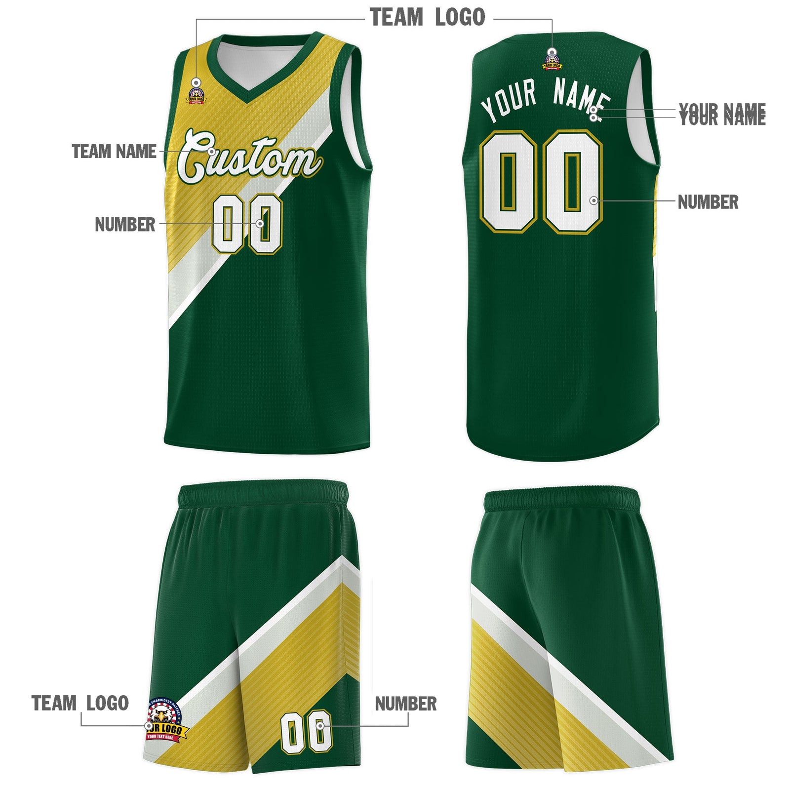 Custom Hunter Green Old Gold Gray Diagonal Stripes Color Block Sets Basketball Jersey | For Men,Perfect for Teams,Perfect for Coaches,Sublimation Printed,For Kid,For Youth | KXKSHOP
