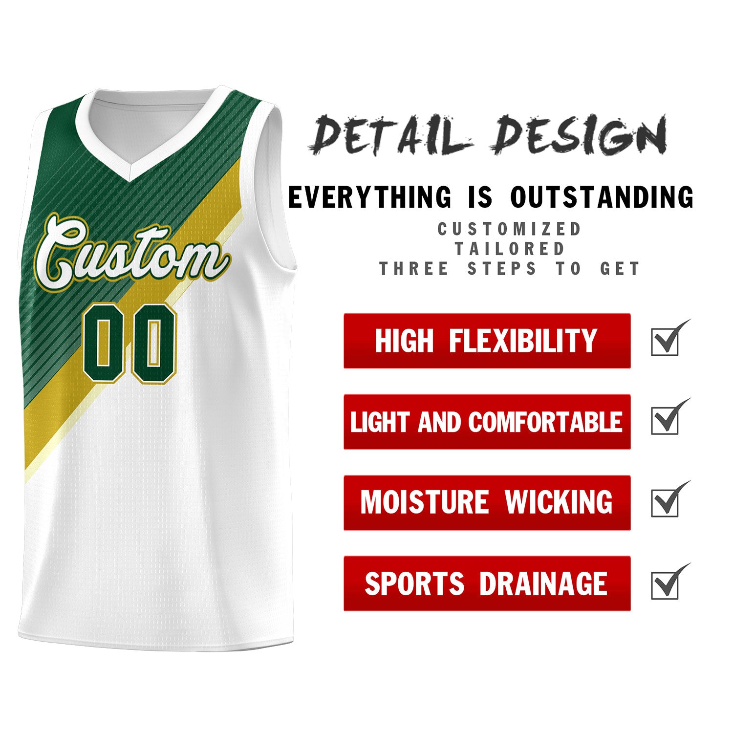 Custom White Hunter Green Old Gold Diagonal Stripes Color Block Sets Basketball Jersey | For Men,Perfect for Teams,Perfect for Coaches,Sublimation Printed,For Kid,For Youth | KXKSHOP
