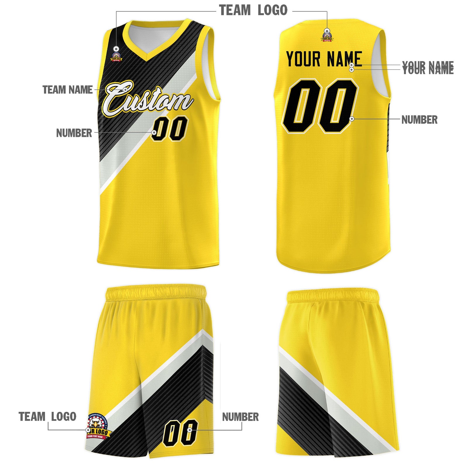 Custom Gold Black Gray Diagonal Stripes Color Block Sets Basketball Jersey | For Men,Perfect for Teams,Perfect for Coaches,Sublimation Printed,For Kid,For Youth | KXKSHOP