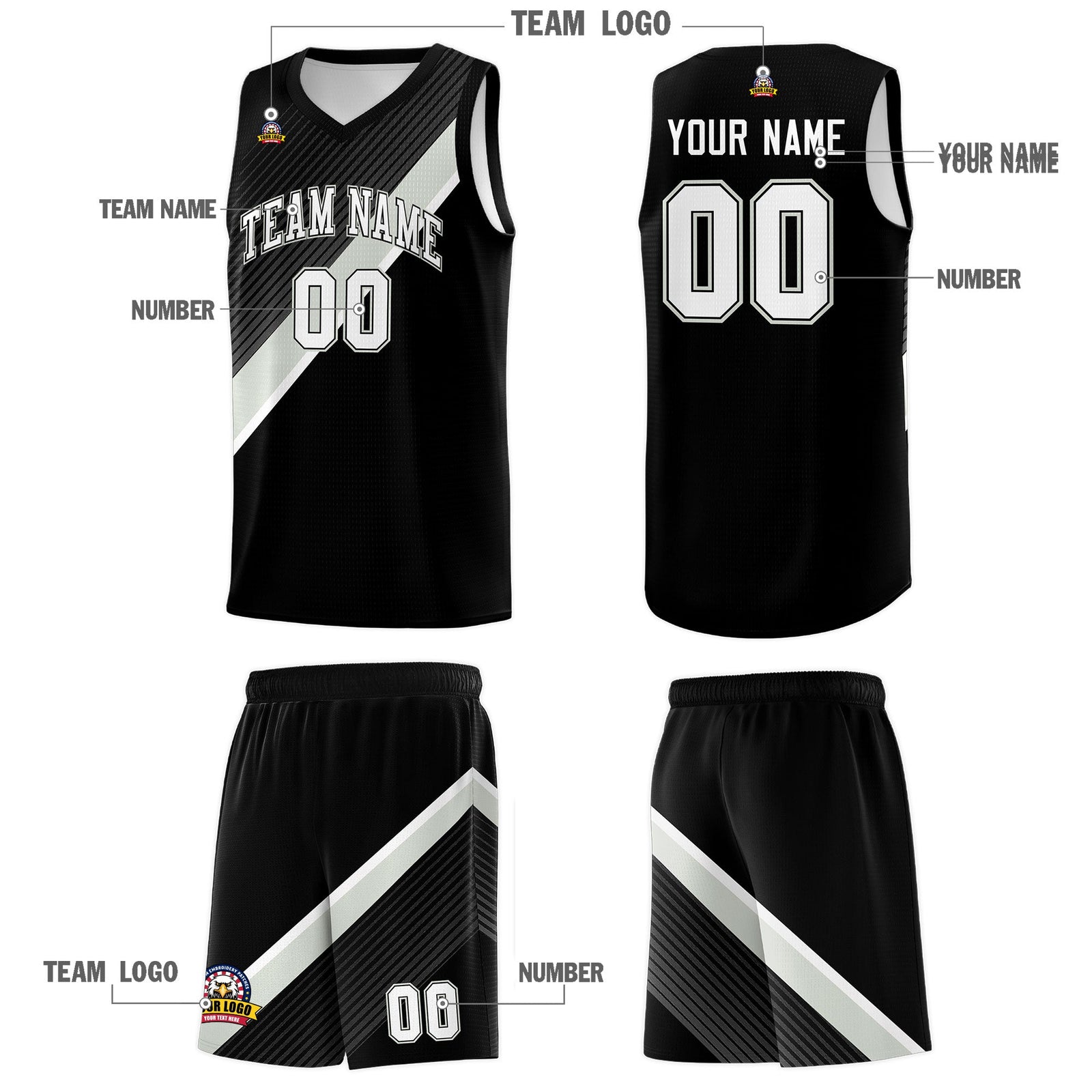 Custom Black Gray White Diagonal Stripes Color Block Sets Basketball Jersey | For Men,Perfect for Teams,Perfect for Coaches,Sublimation Printed,For Kid,For Youth | KXKSHOP