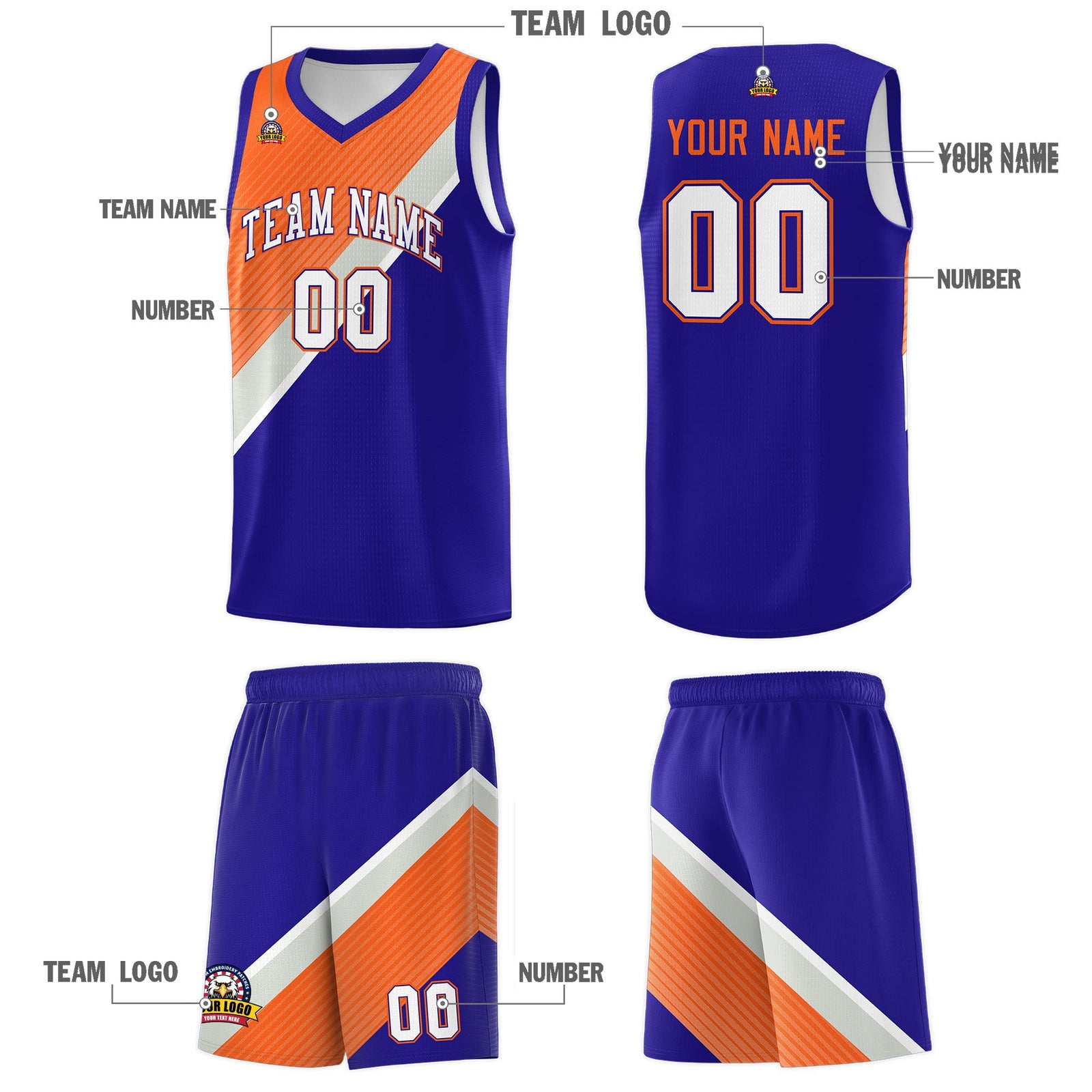 Custom Royal Orange Gray Diagonal Stripes Color Block Sets Basketball Jersey | For Men,Perfect for Teams,Perfect for Coaches,Sublimation Printed,For Kid,For Youth | KXKSHOP