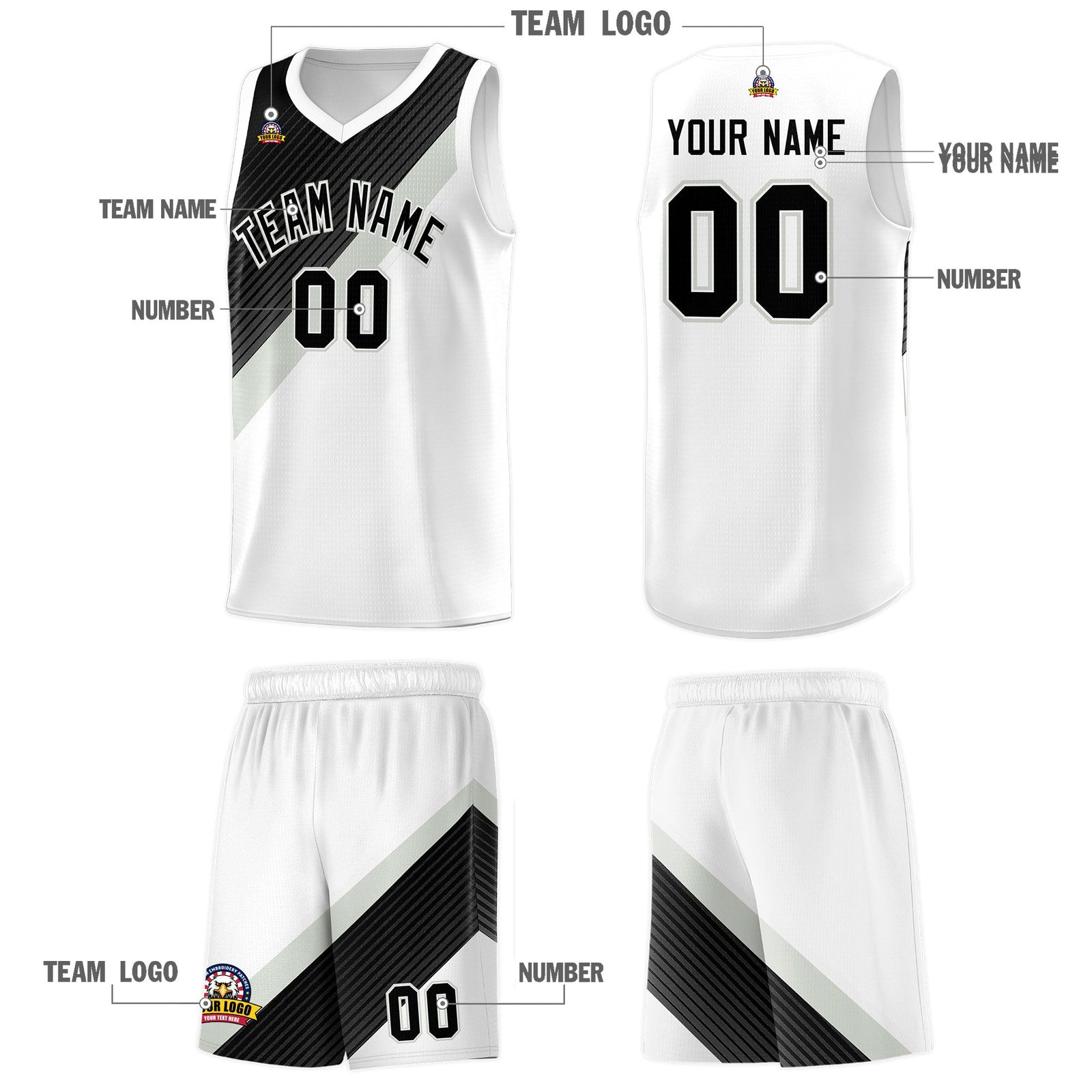 Custom White Black Gray Diagonal Stripes Color Block Sets Basketball Jersey | For Men,Perfect for Teams,Perfect for Coaches,Sublimation Printed,For Kid,For Youth | KXKSHOP