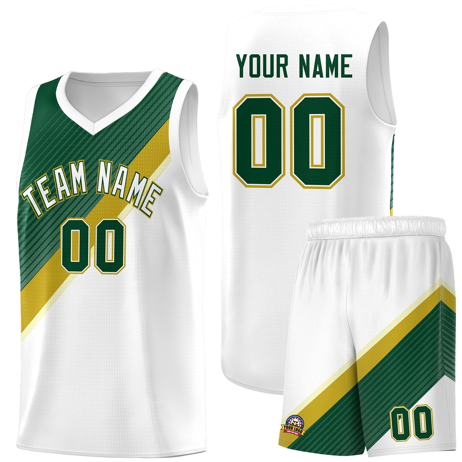 Custom White Hunter Green Old Gold Diagonal Stripes Color Block Sets Basketball Jersey | For Men,Perfect for Teams,Perfect for Coaches,Sublimation Printed,For Kid,For Youth | KXKSHOP