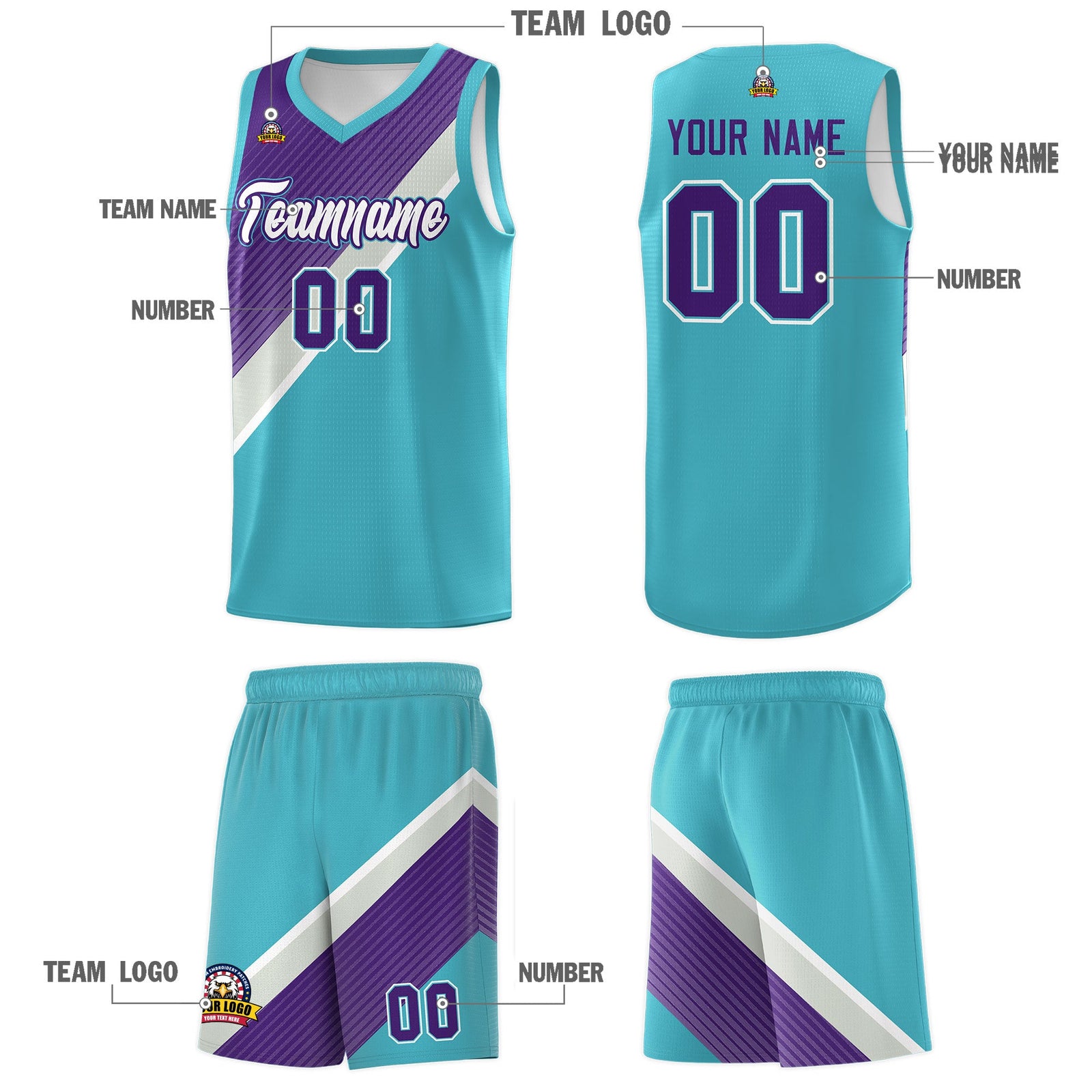 Custom Sky Blue Purple Gray Diagonal Stripes Color Block Sets Basketball Jersey | For Men,Perfect for Teams,Perfect for Coaches,Sublimation Printed,For Kid,For Youth | KXKSHOP