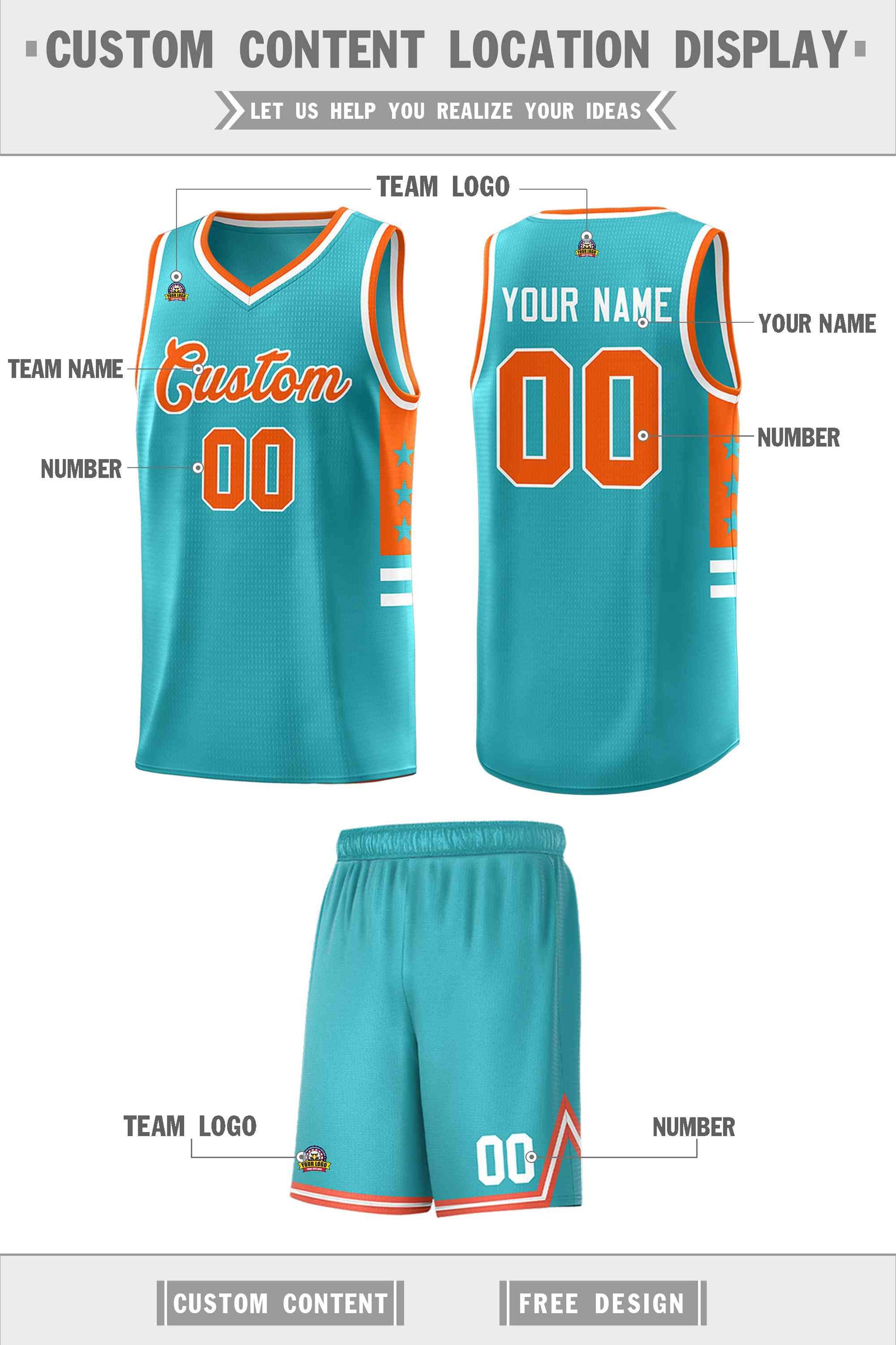 Custom Aqua Orange-White Personalized Star Pattern Sports Uniform Basketball Jersey