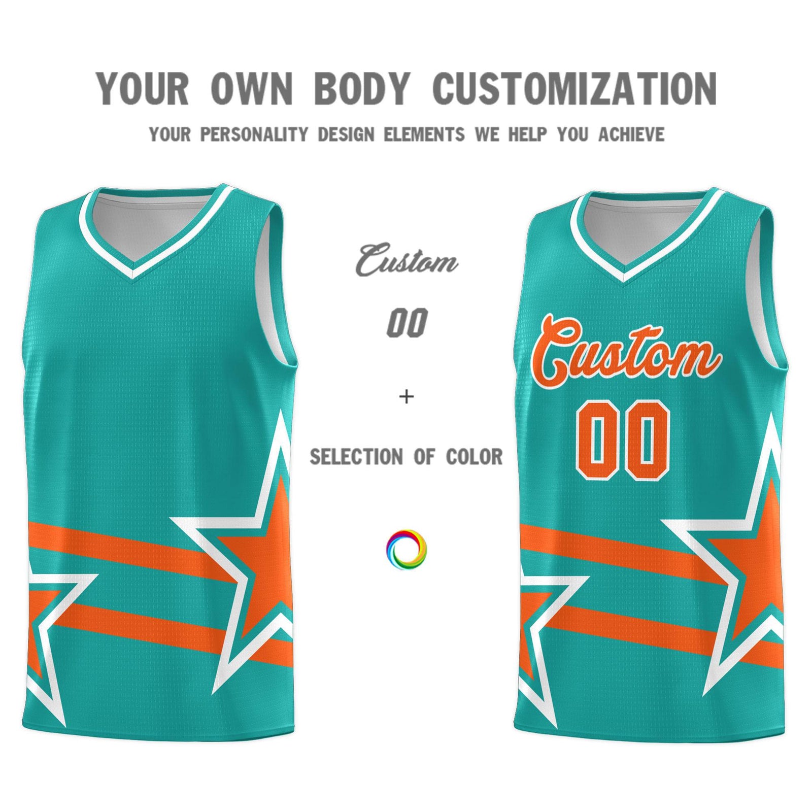 Custom Aqua Basketball Kits With Orange Star Pattern And Double Lines
