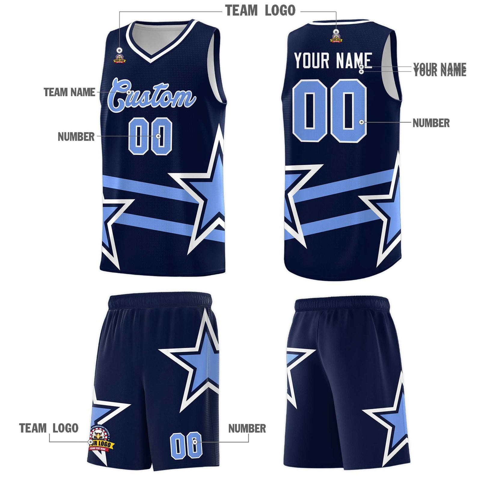 Custom Navy Basketball Kits With Light Blue Star Pattern And Double Lines