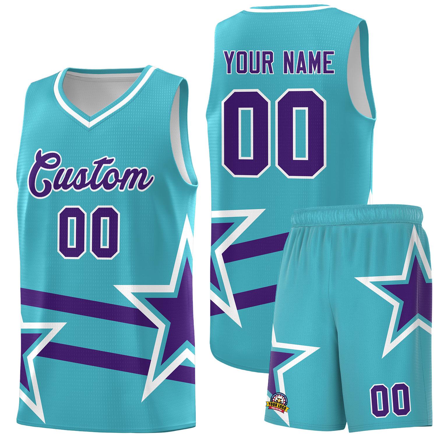 Custom Sky Blue Basketball Kits With Purple Star Pattern And Double Lines