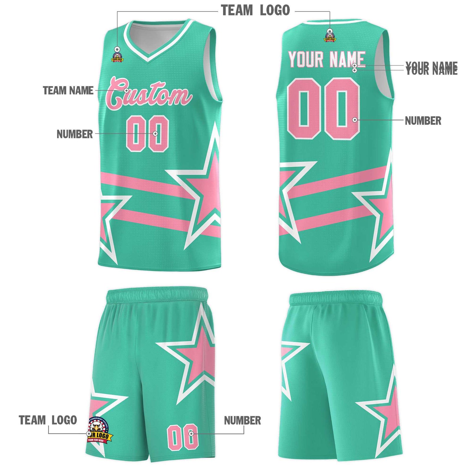 Custom Bright Green Basketball Kits With Light Pink Star Pattern And Double Lines