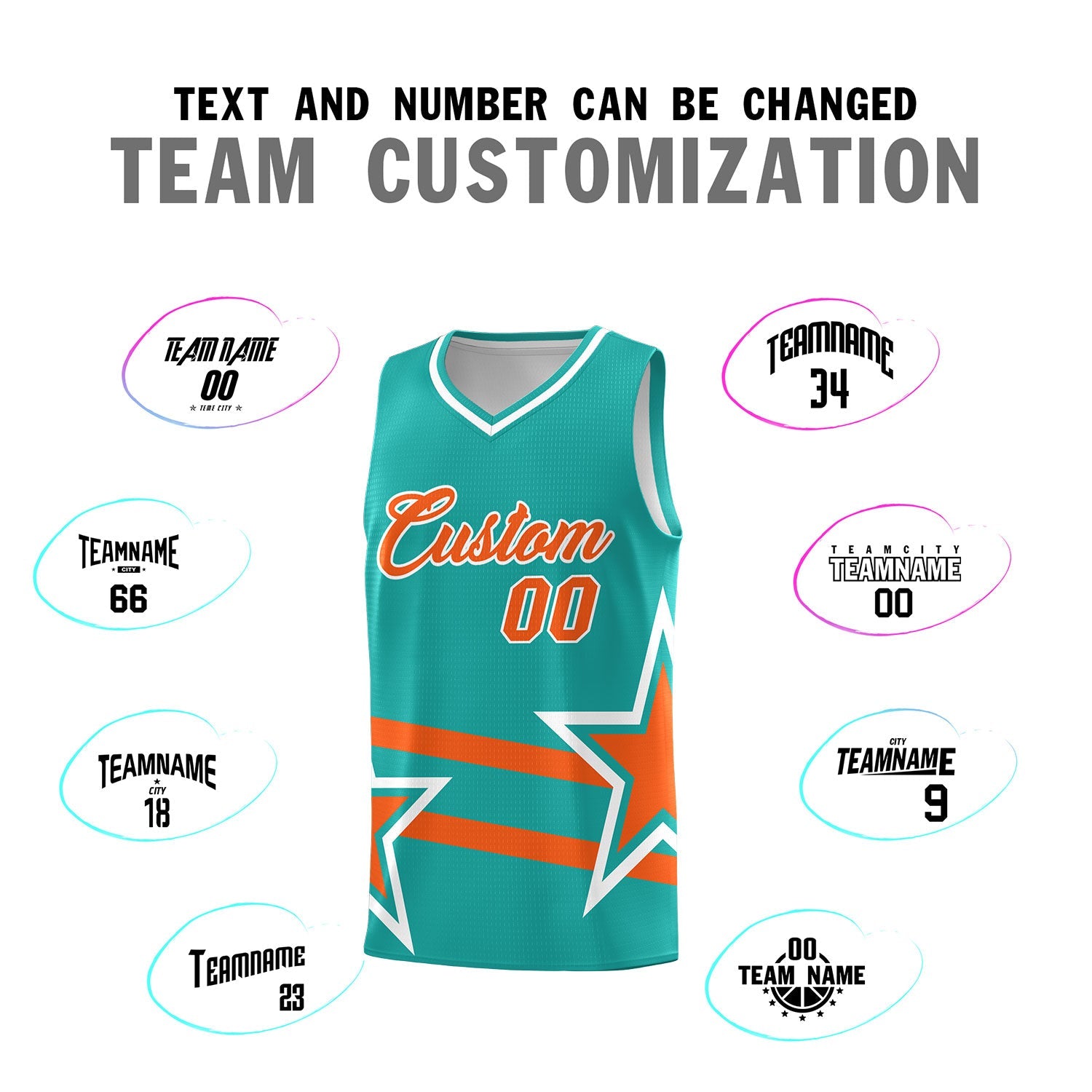 Custom Aqua Basketball Kits With Orange Star Pattern And Double Lines