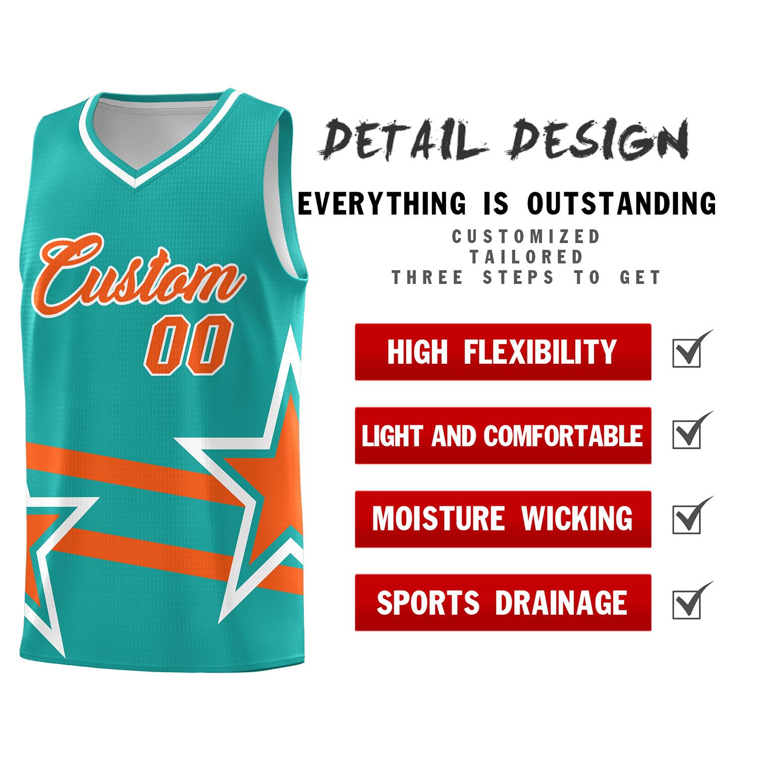 Custom Aqua Basketball Kits With Orange Star Pattern And Double Lines