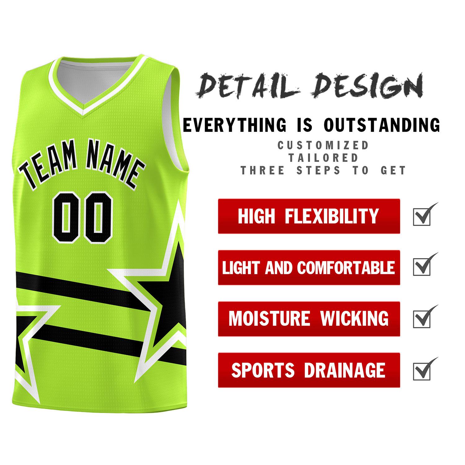 Custom Neon Green Basketball Kits With Black Star Pattern And Double Lines