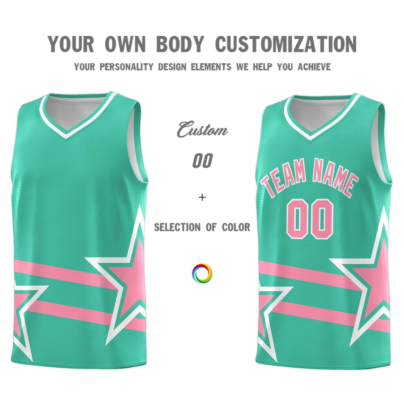 Custom Bright Green Basketball Kits With Light Pink Star Pattern And Double Lines