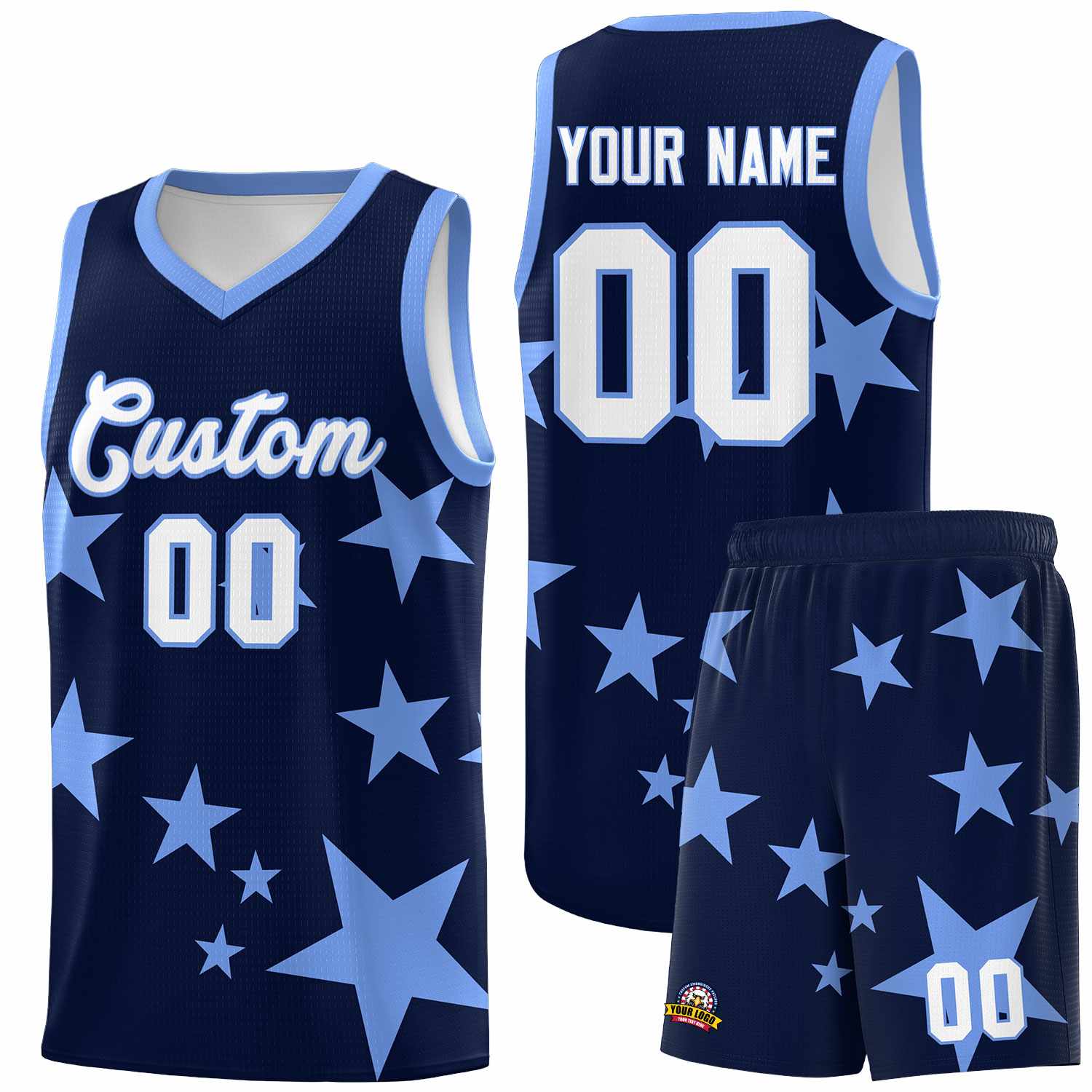 Custom Navy Light Blue Graffiti Pattern Star Print Basketball Jersey Sets