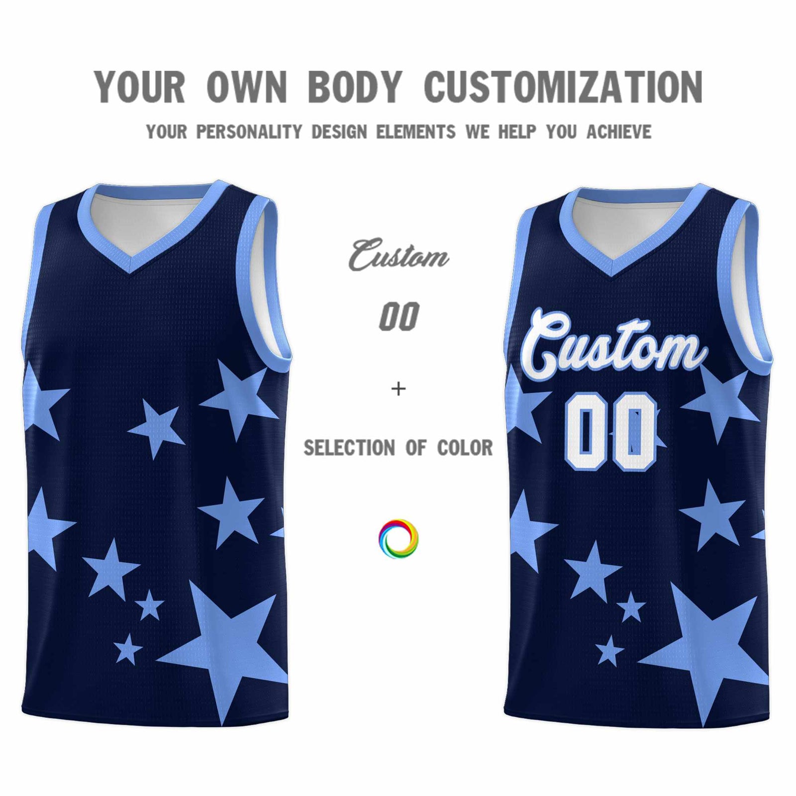 Custom Navy Light Blue Graffiti Pattern Star Print Basketball Jersey Sets