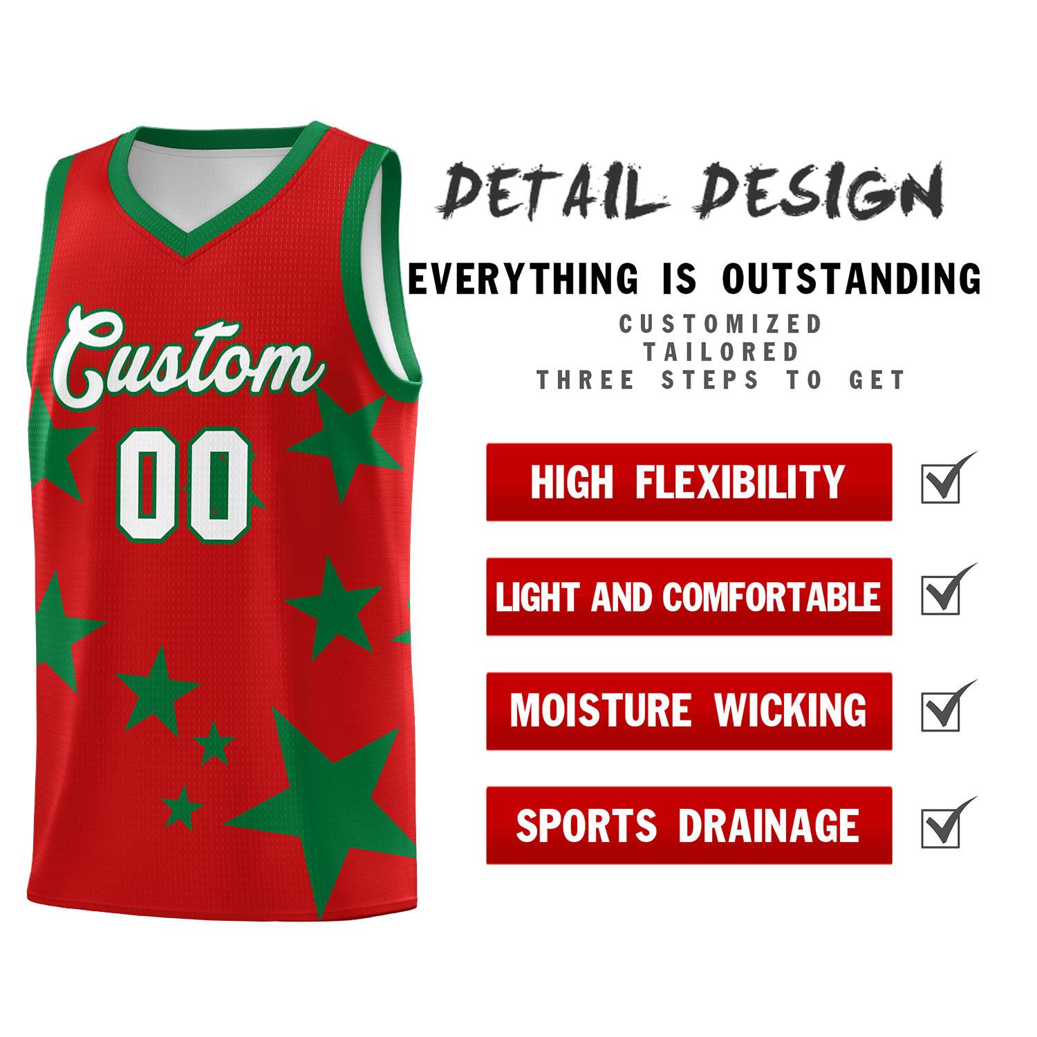 Custom Red Kelly Green Graffiti Pattern Star Print Basketball Jersey Sets