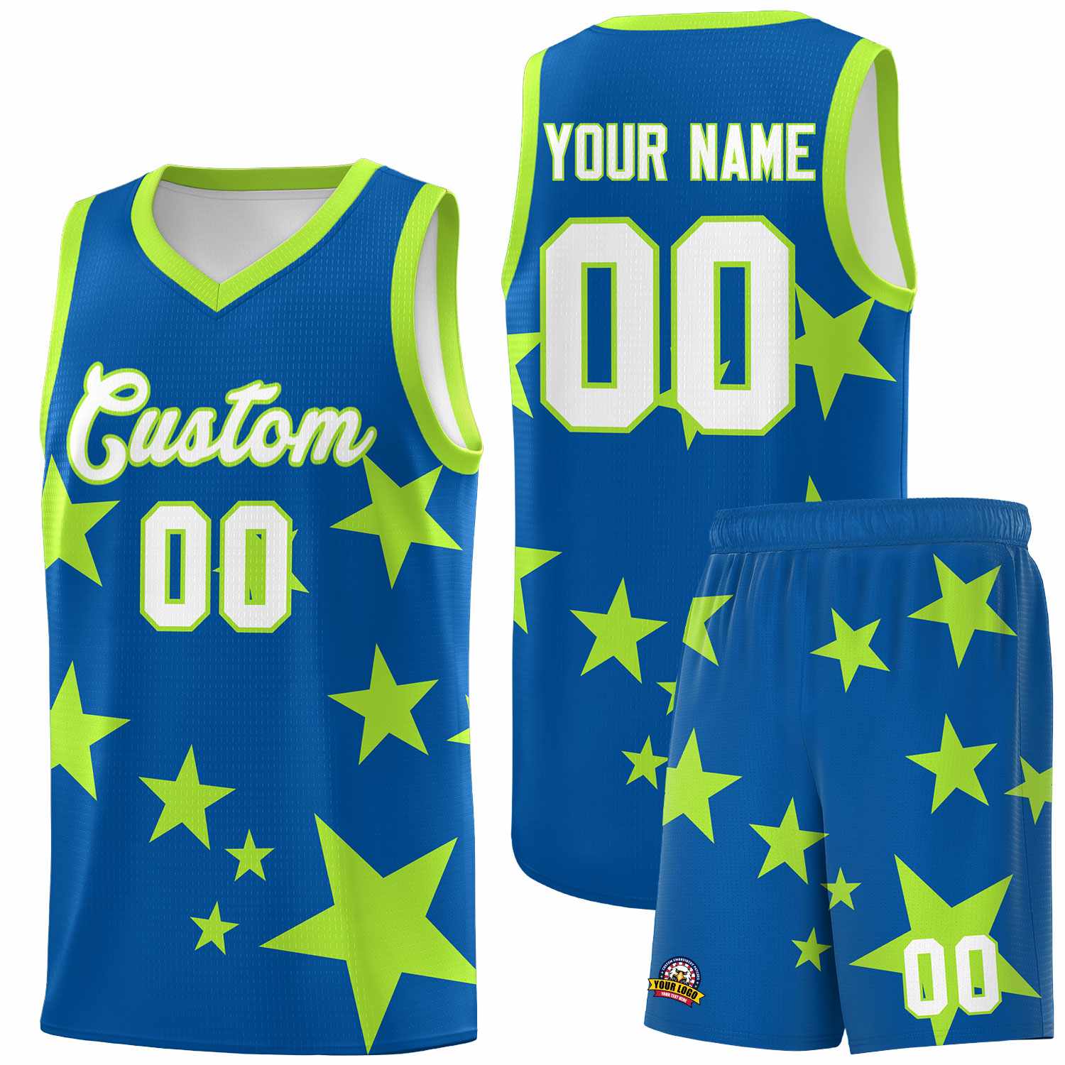 Custom Royal Light Green Graffiti Pattern Star Print Basketball Jersey Sets
