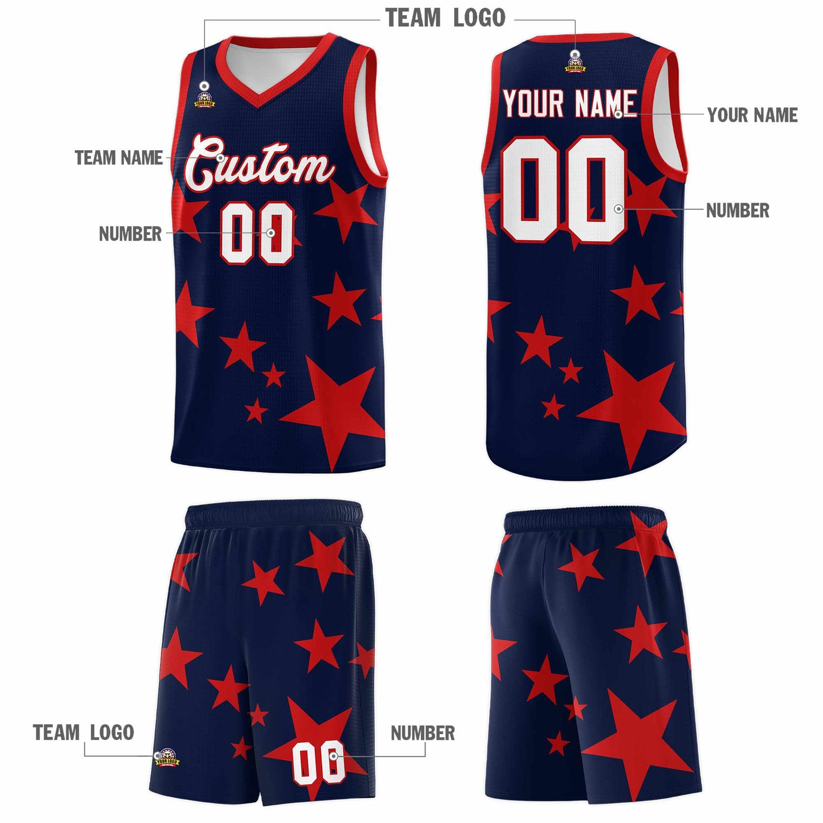 Custom Navy Red Graffiti Pattern Star Print Basketball Jersey Sets