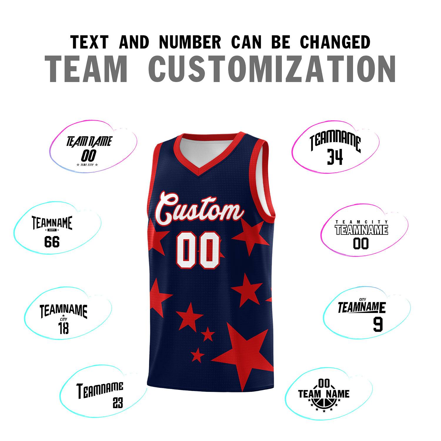 Custom Navy Red Graffiti Pattern Star Print Basketball Jersey Sets