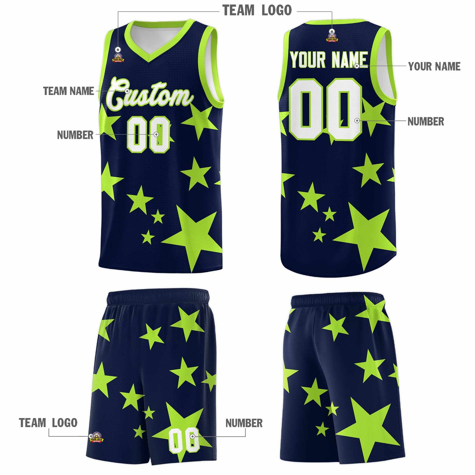 Custom Navy Light Green Graffiti Pattern Star Print Basketball Jersey Sets