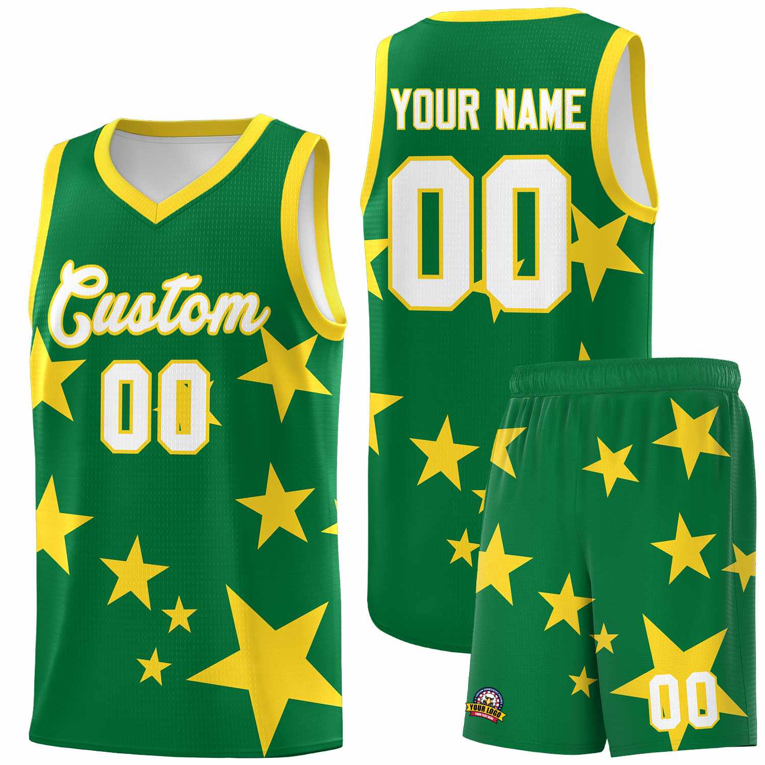 Custom Kelly Green Gold Graffiti Pattern Star Print Basketball Jersey Sets