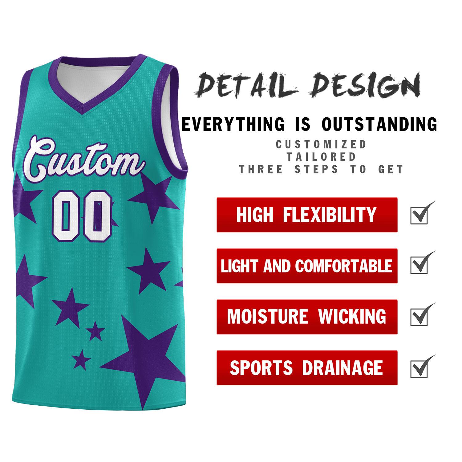 Custom Aqua Purple Graffiti Pattern Star Print Basketball Jersey Sets