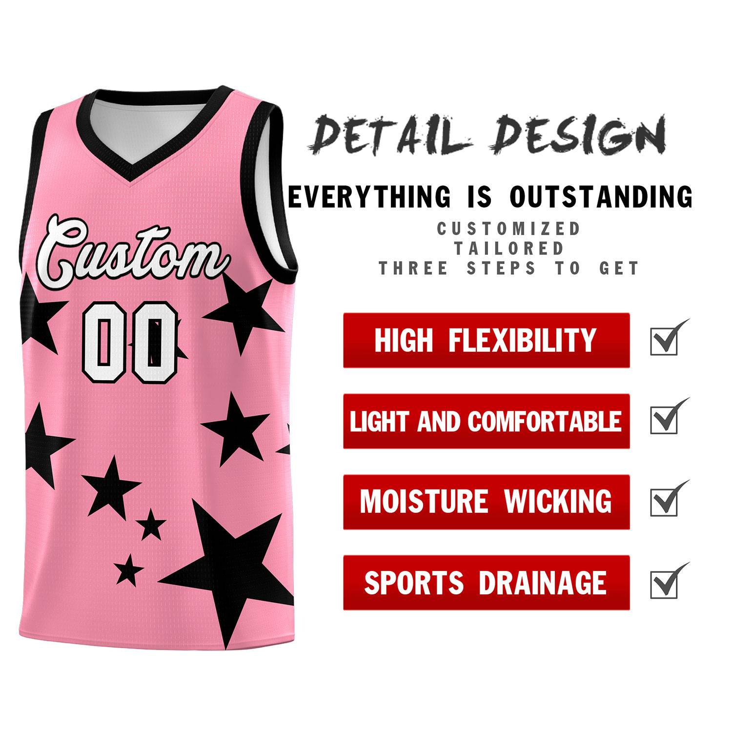 Custom Light Pink Black Graffiti Pattern Star Print Basketball Jersey Sets