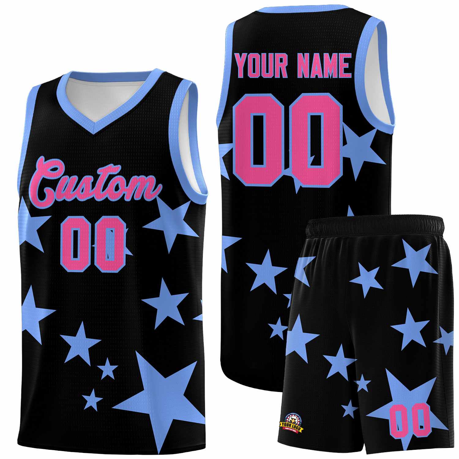 Custom Black Light Blue Graffiti Pattern Star Print Basketball Jersey Sets