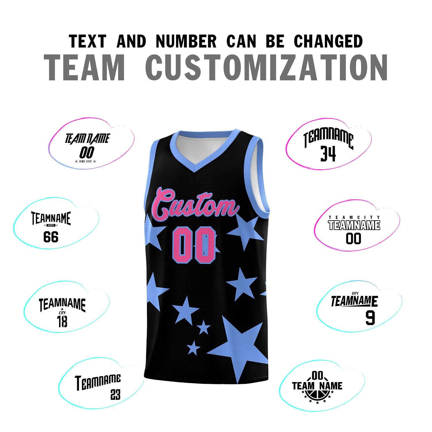 Custom Black Light Blue Graffiti Pattern Star Print Basketball Jersey Sets
