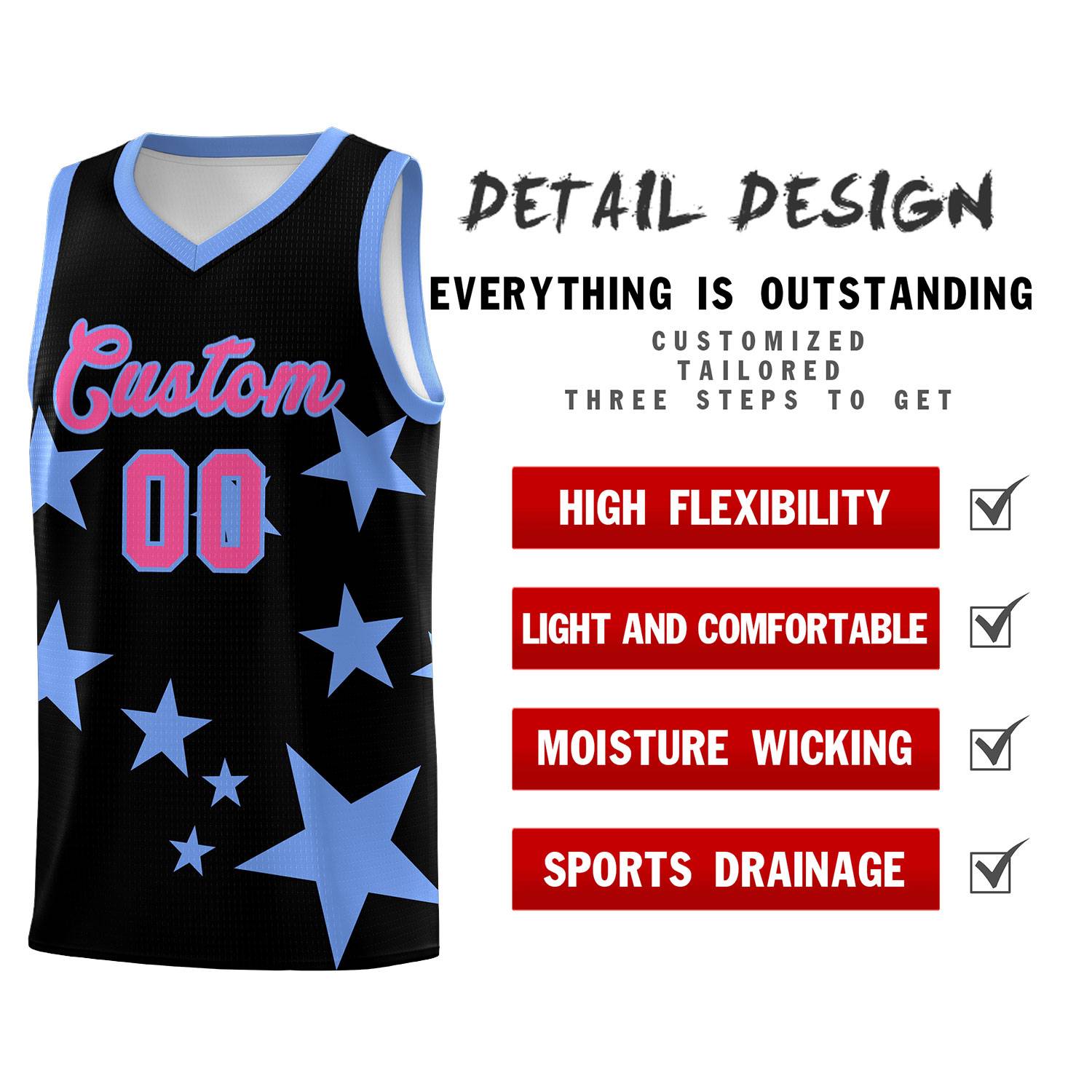 Custom Black Light Blue Graffiti Pattern Star Print Basketball Jersey Sets