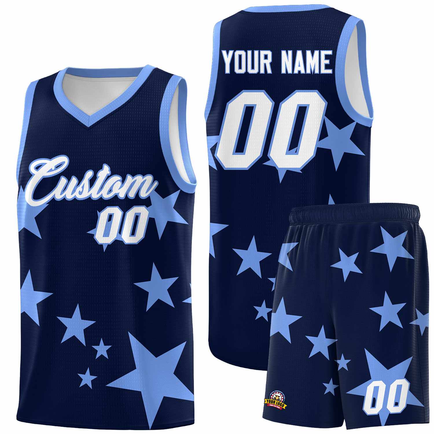 Custom Navy Light Blue Graffiti Pattern Star Print Basketball Jersey Sets