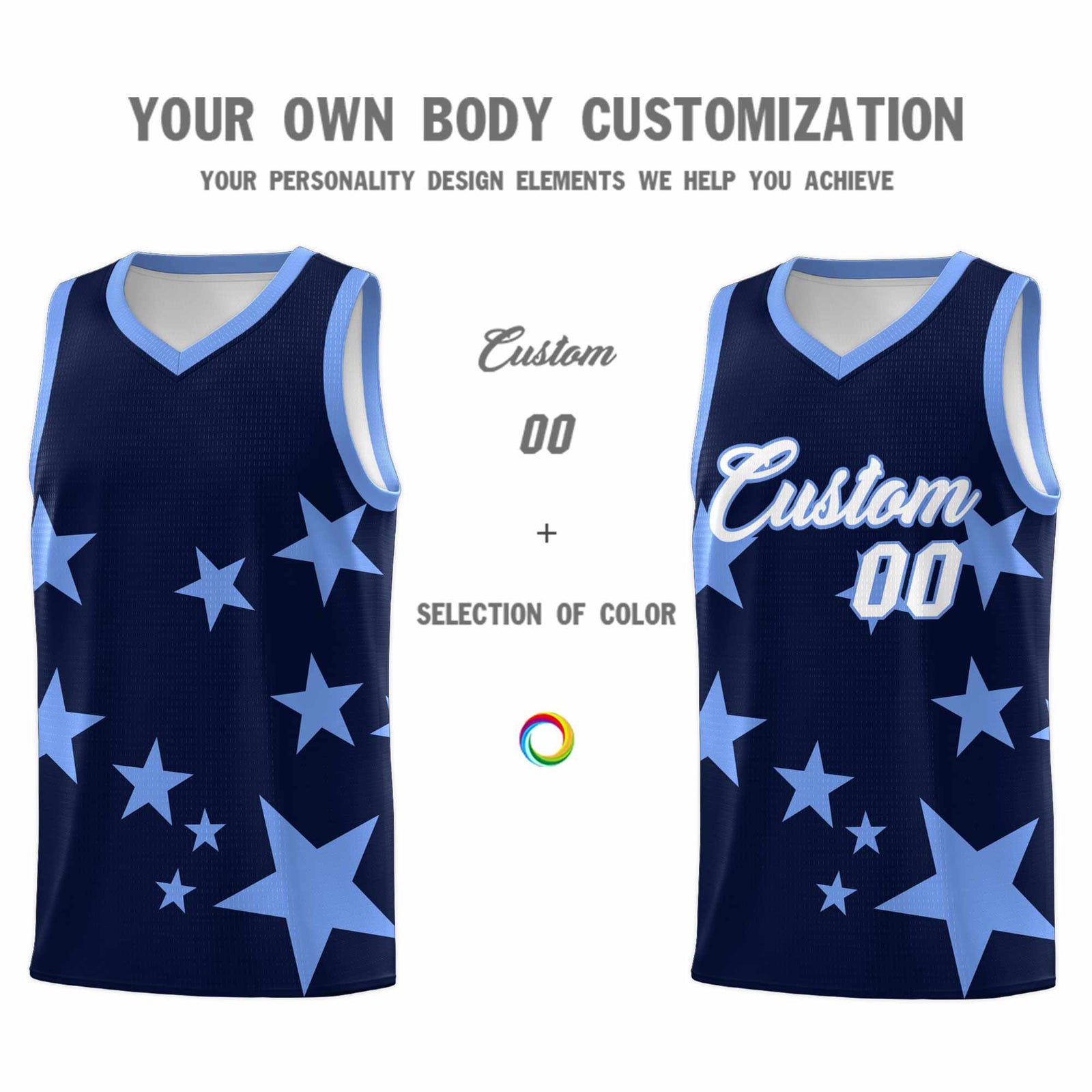 Custom Navy Light Blue Graffiti Pattern Star Print Basketball Jersey Sets