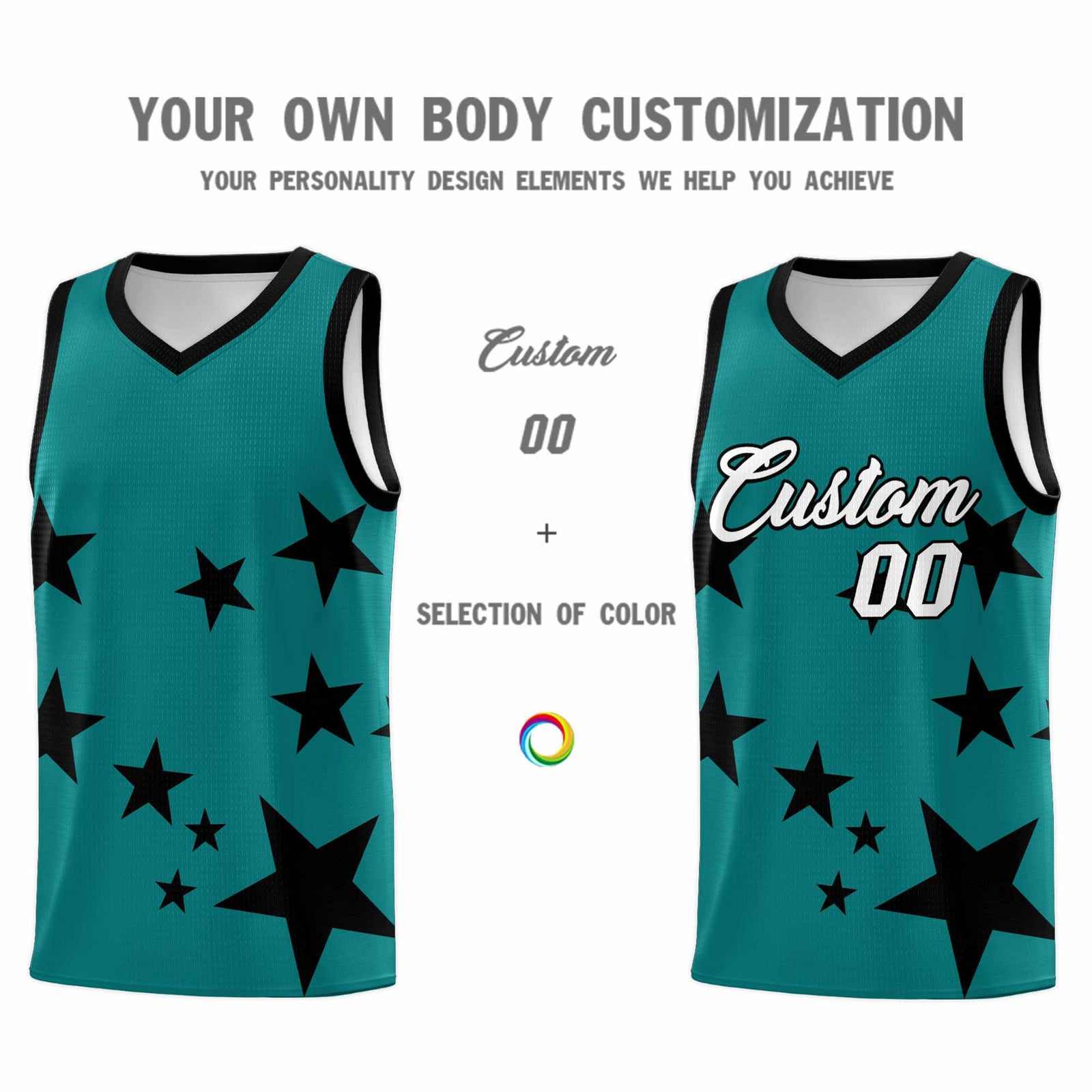 Custom Aqua Black Graffiti Pattern Star Print Basketball Jersey Sets