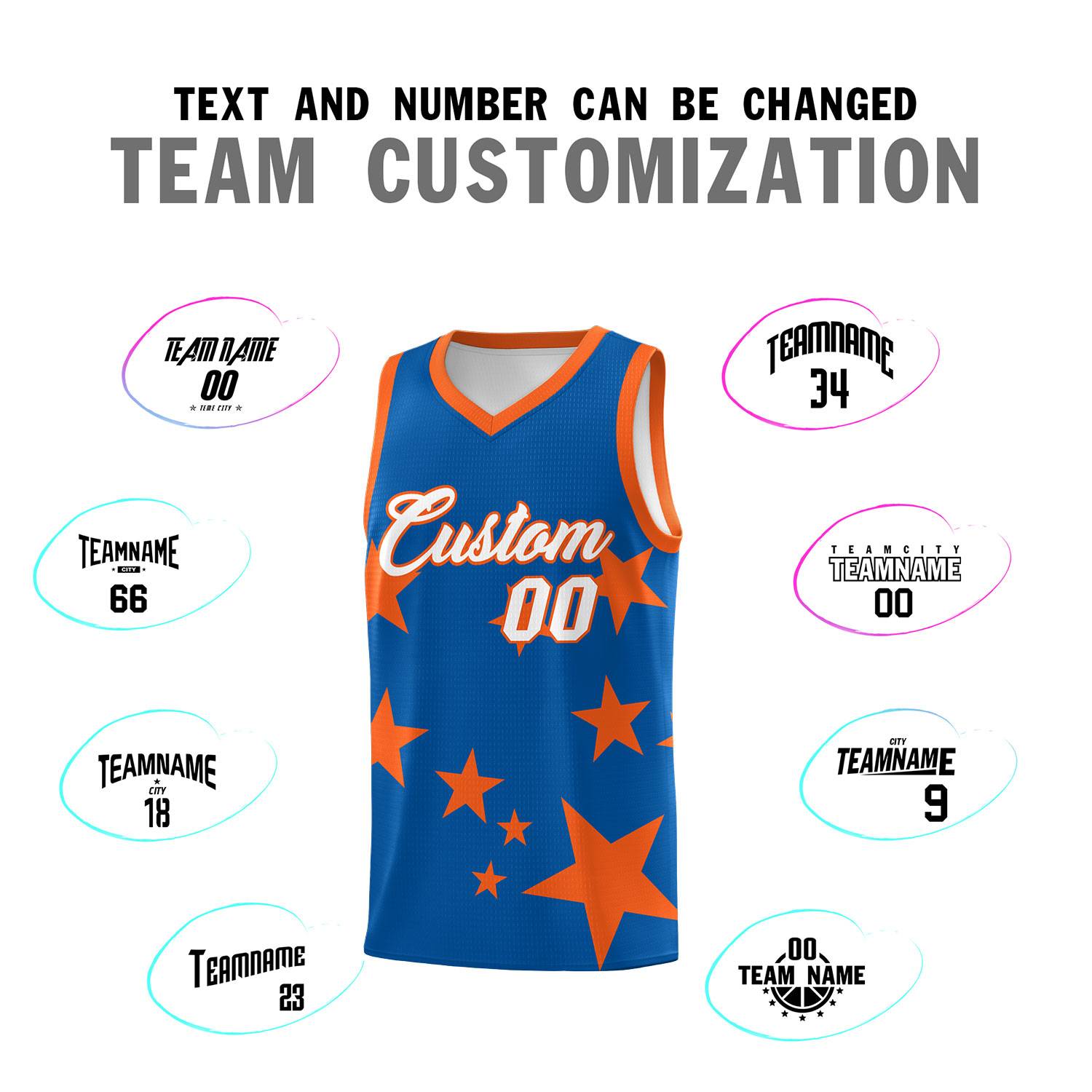 Custom Royal Orange Graffiti Pattern Star Print Basketball Jersey Sets
