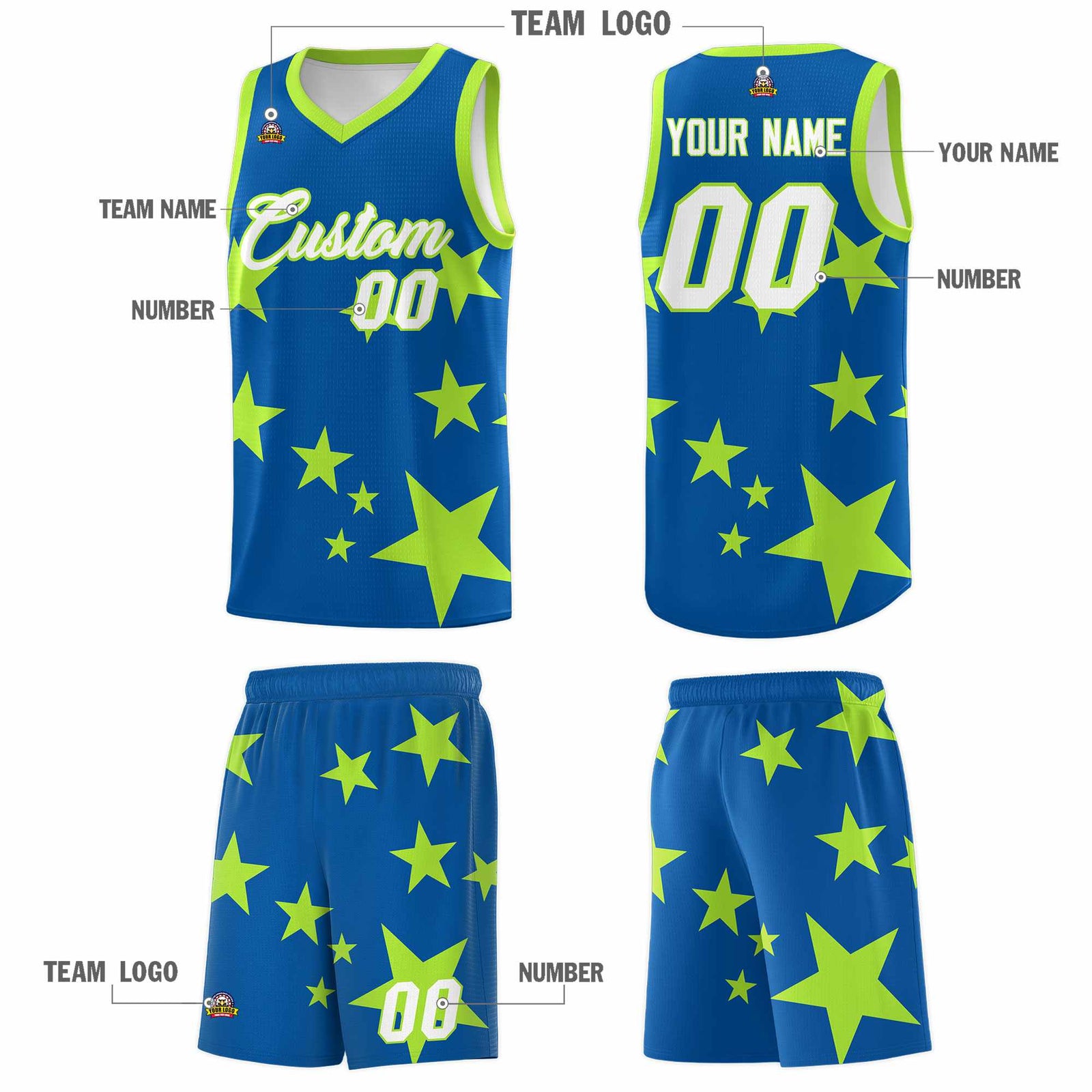 Custom Royal Light Green Graffiti Pattern Star Print Basketball Jersey Sets