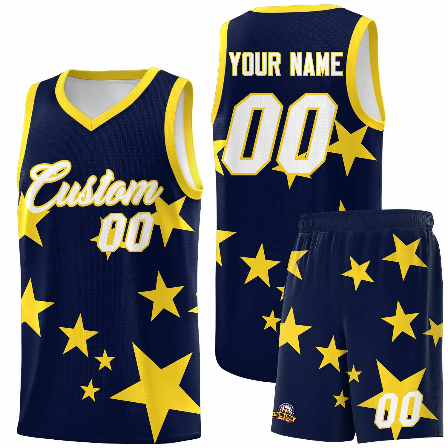 Custom Navy Gold Graffiti Pattern Star Print Basketball Jersey Sets