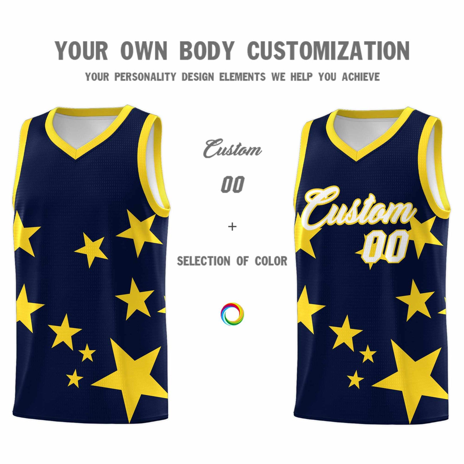 Custom Navy Gold Graffiti Pattern Star Print Basketball Jersey Sets