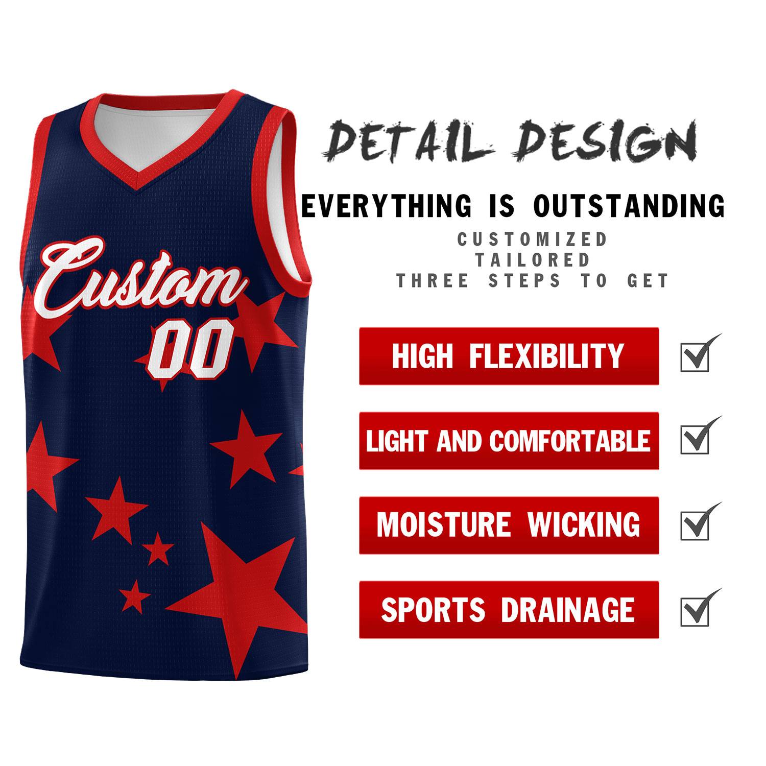 Custom Navy Red Graffiti Pattern Star Print Basketball Jersey Sets