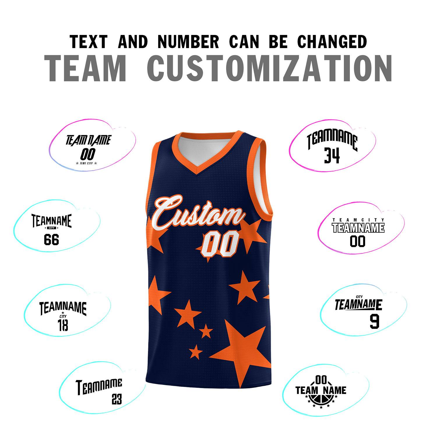 Custom Navy Orange Graffiti Pattern Star Print Basketball Jersey Sets