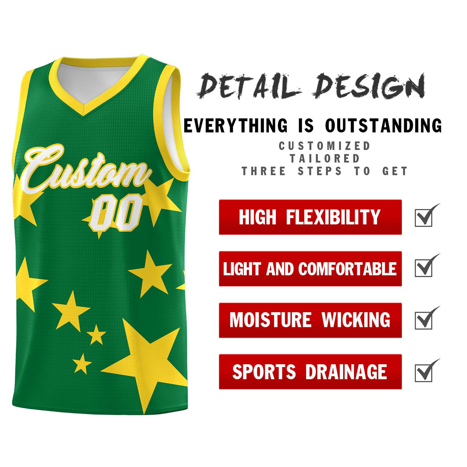 Custom Kelly Green Gold Graffiti Pattern Star Print Basketball Jersey Sets